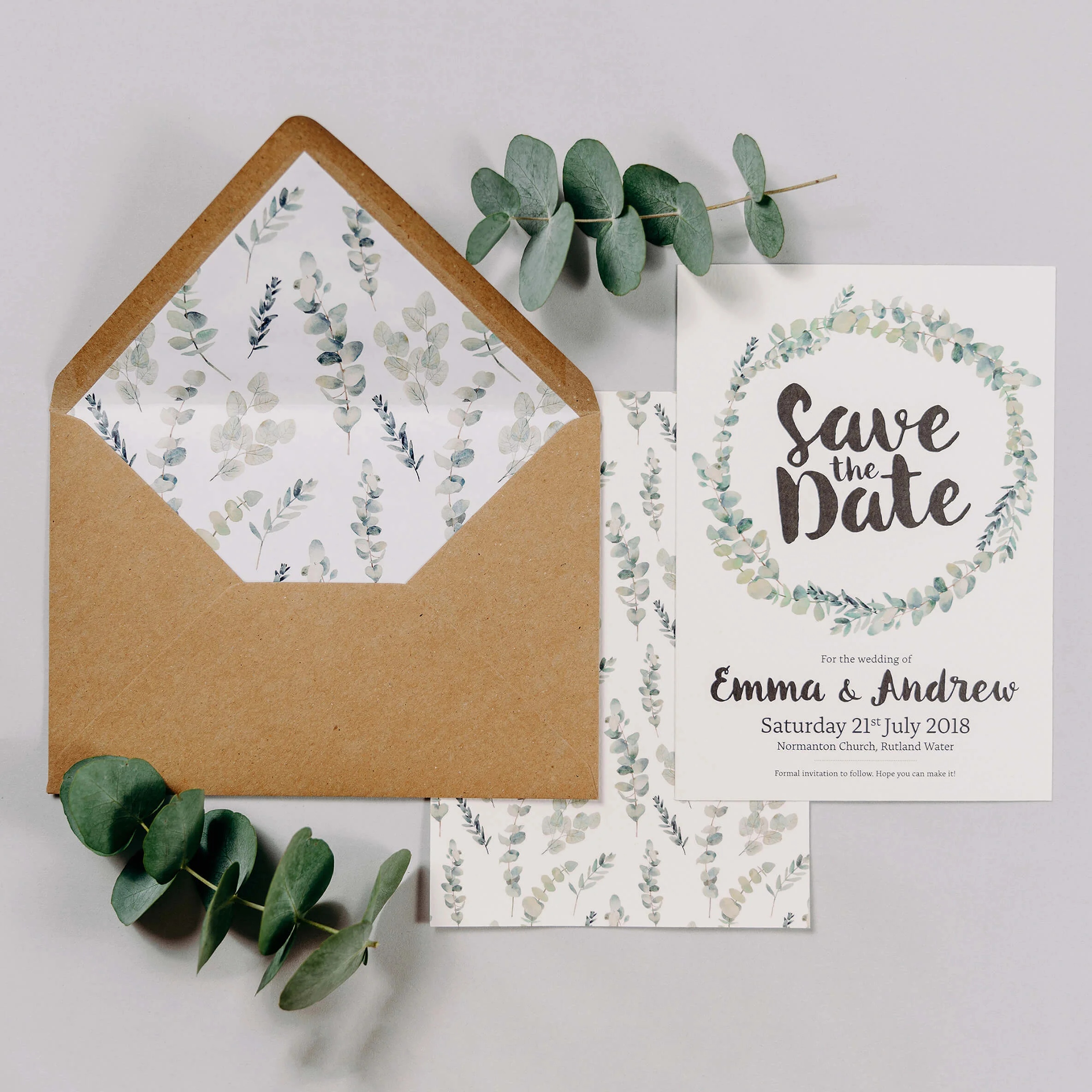 Rustic Green & White Eucalyptus A5 Double Sided Wedding Save The Date Card With Wreath Design& Kraft Brown Envelope With Eucalyptus Envelope Liner