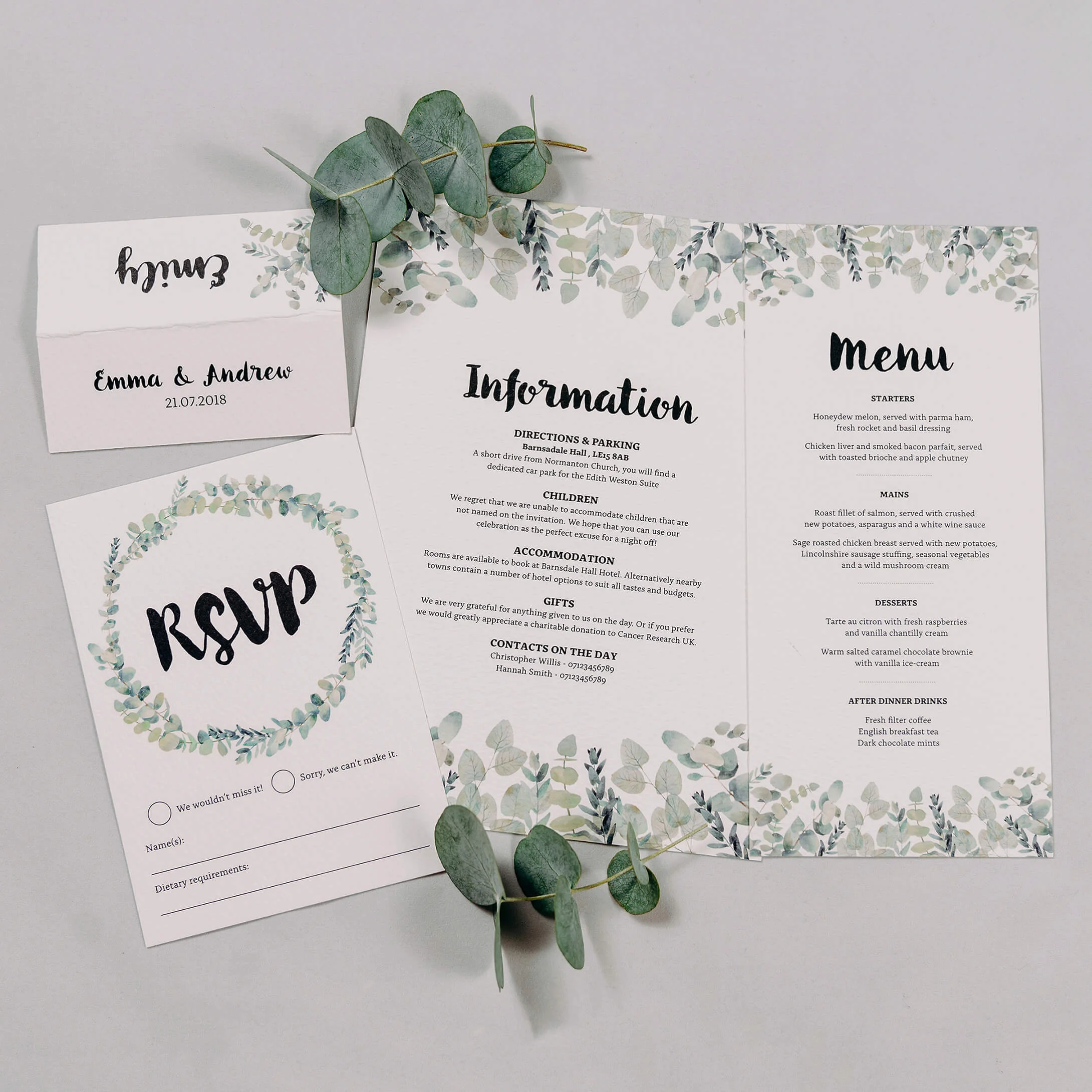 Rustic Green & White Eucalyptus Wedding Invitation Reserve With Information, RSVP Postcard, Wedding Menu & Wedding Place Name Card