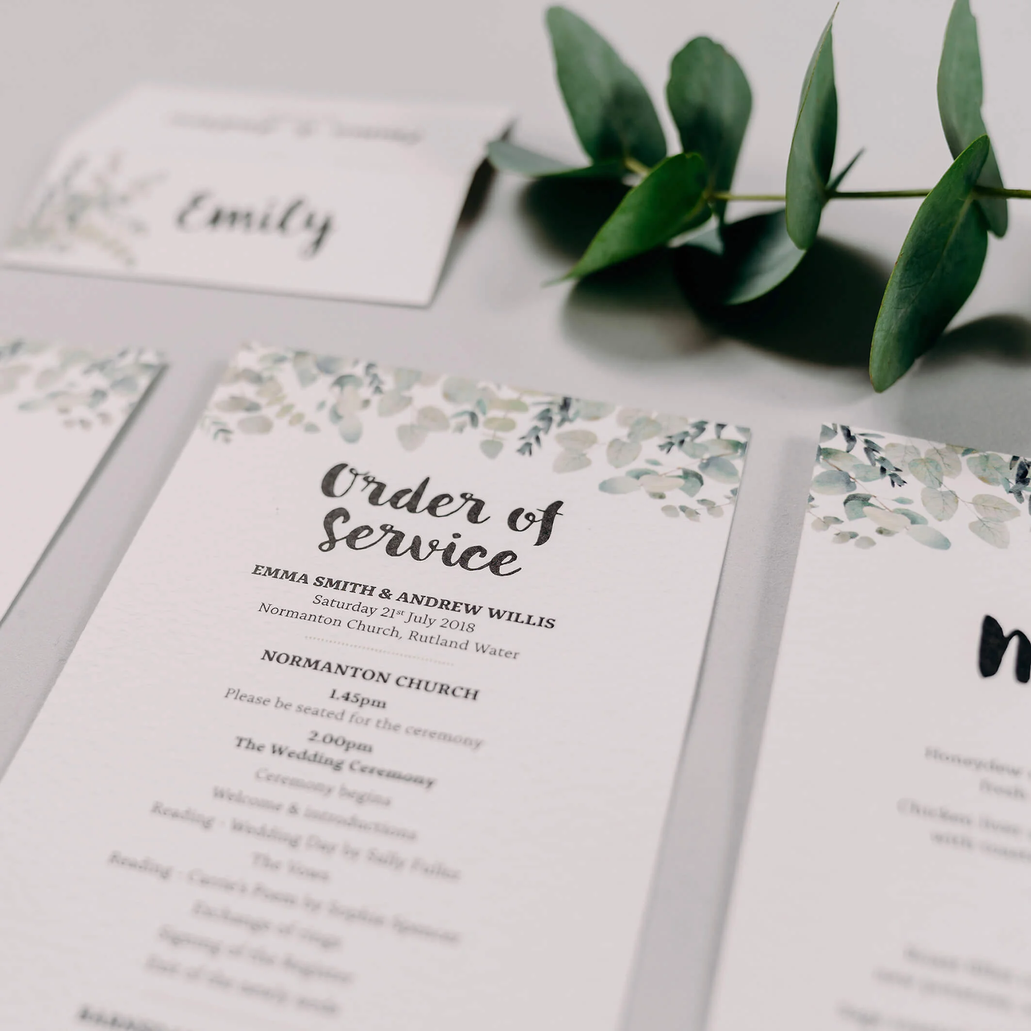 Rustic Green & White Eucalyptus Wedding Place Name Card & DL Order Of Service Card
