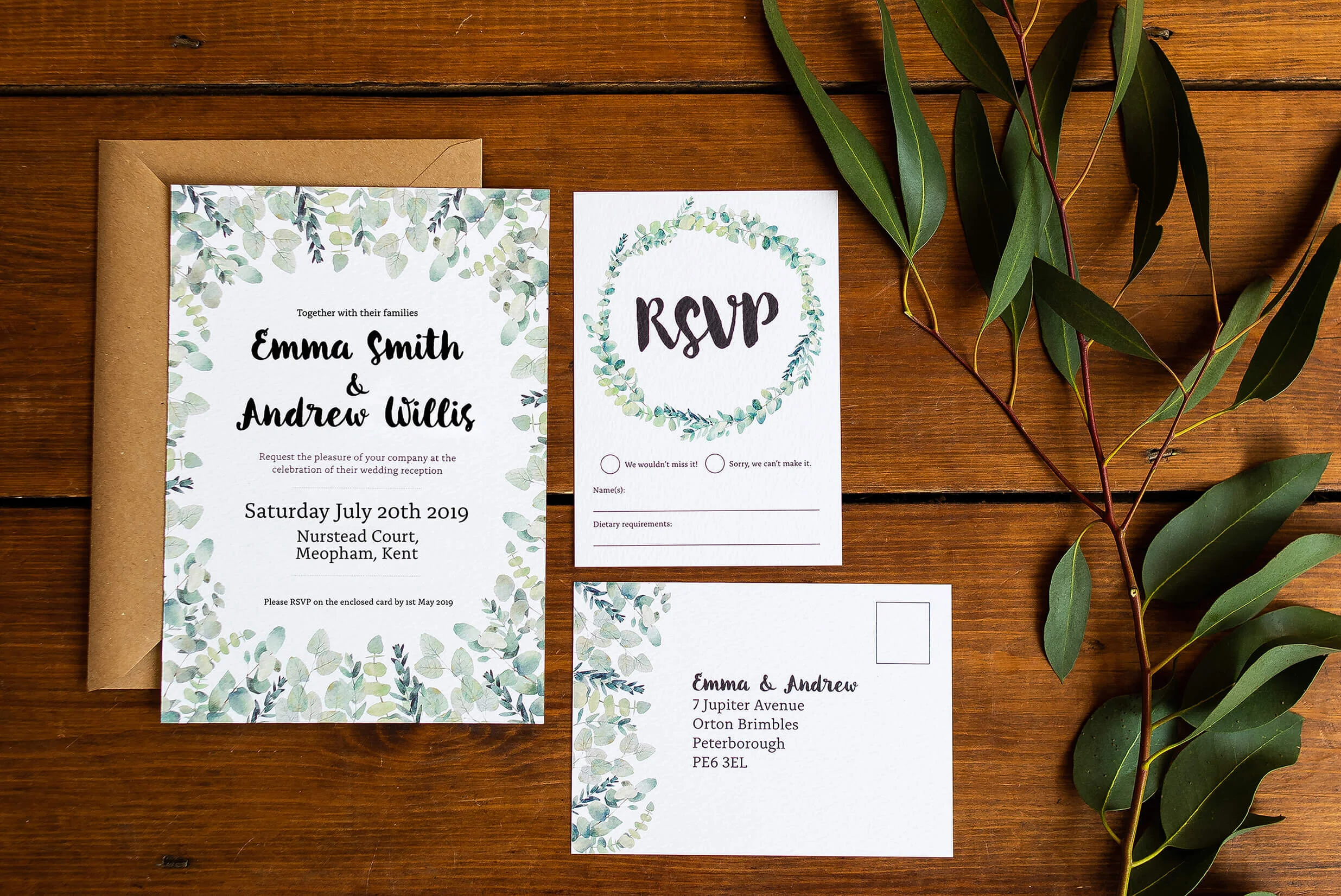 Design By Emily Rustic Eucalyptus Wedding Invitation with Kraft Brown Envelope and RSVP Postcard.