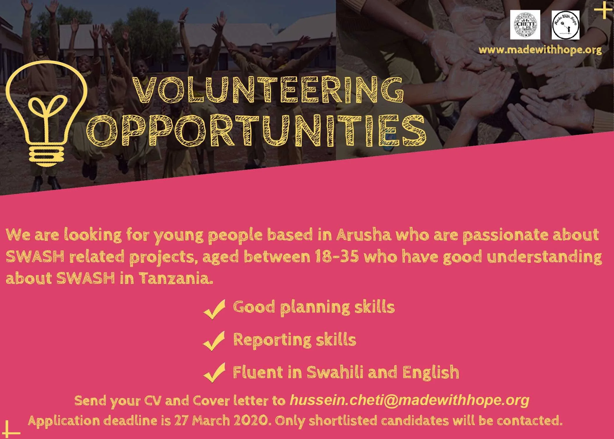 CHETI NGO are recruiting volunteers in Arusha