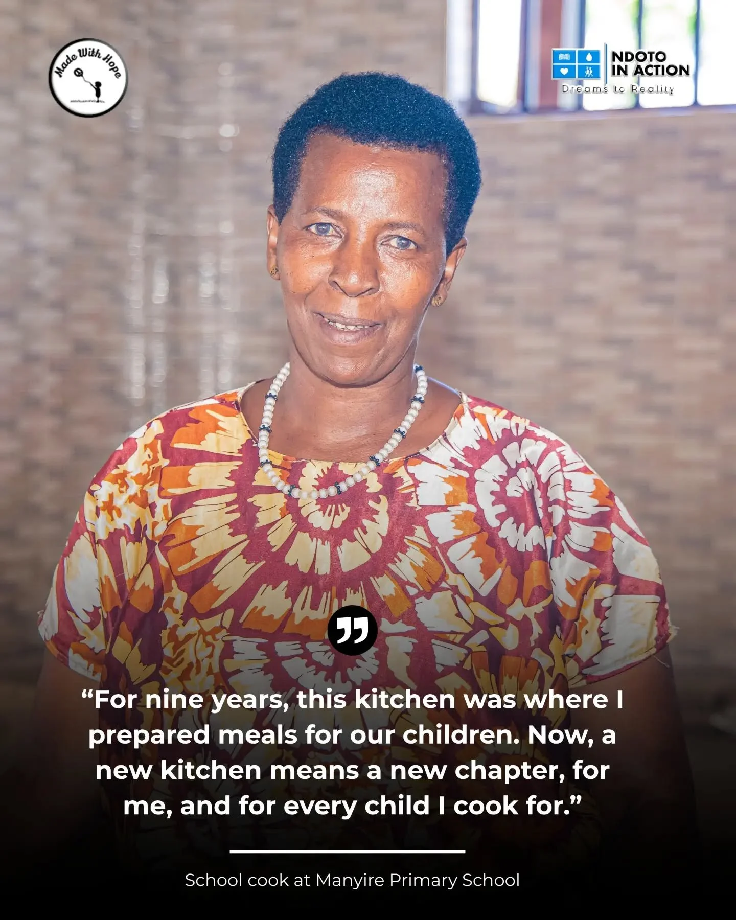 For nine years, the school cook at Manyire Primary School prepared meals for students in a kitchen that no longer met the school's needs. Today, a new kitchen with dedicated dining areas offers a more suitable environment for meal preparation and a w