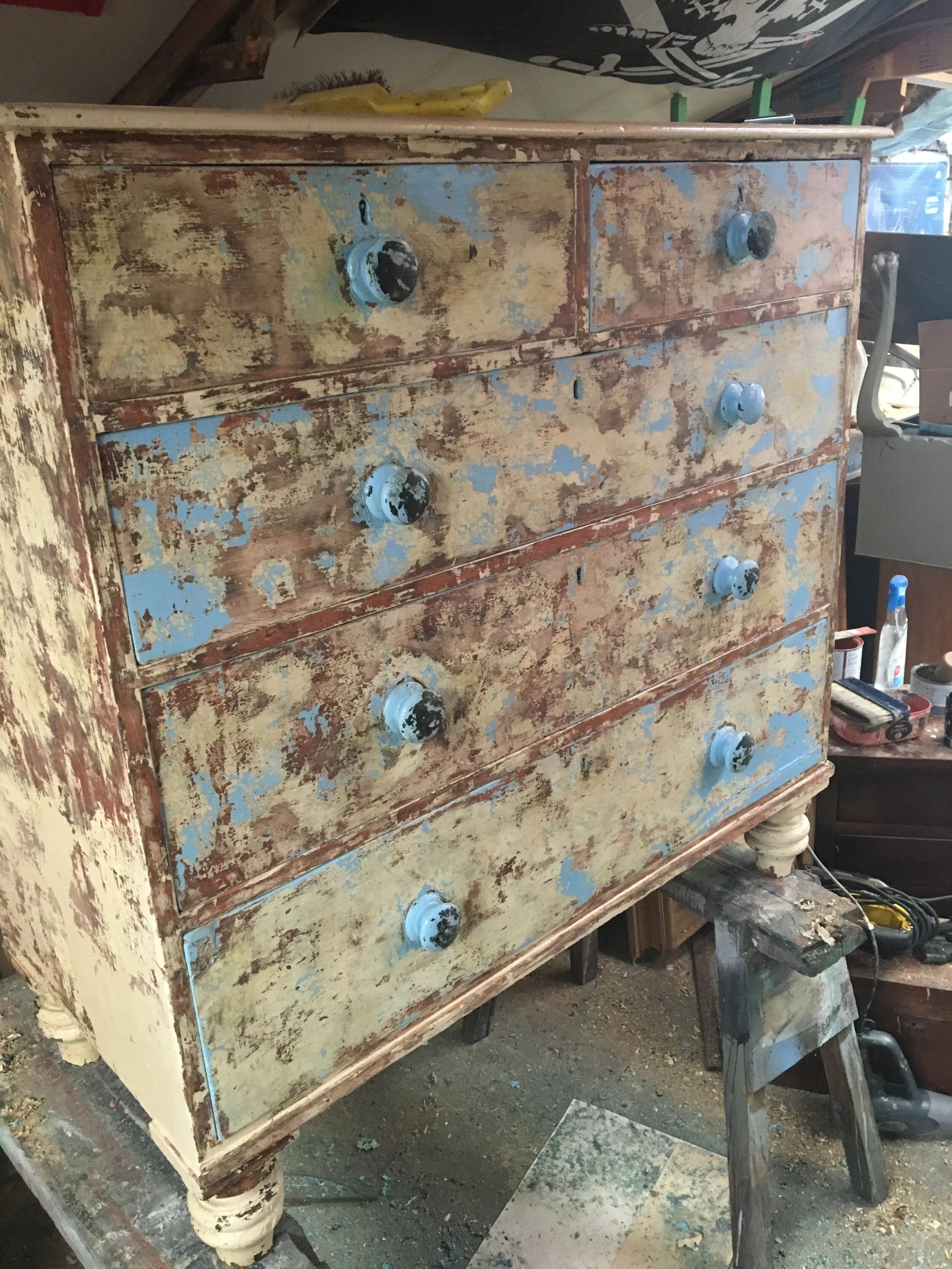 *SOLD* CHEST OF 5 DRAWERS EDWARDIAN PINE DISTRESSED PAINT INDUSTRIAL ORIGINAL