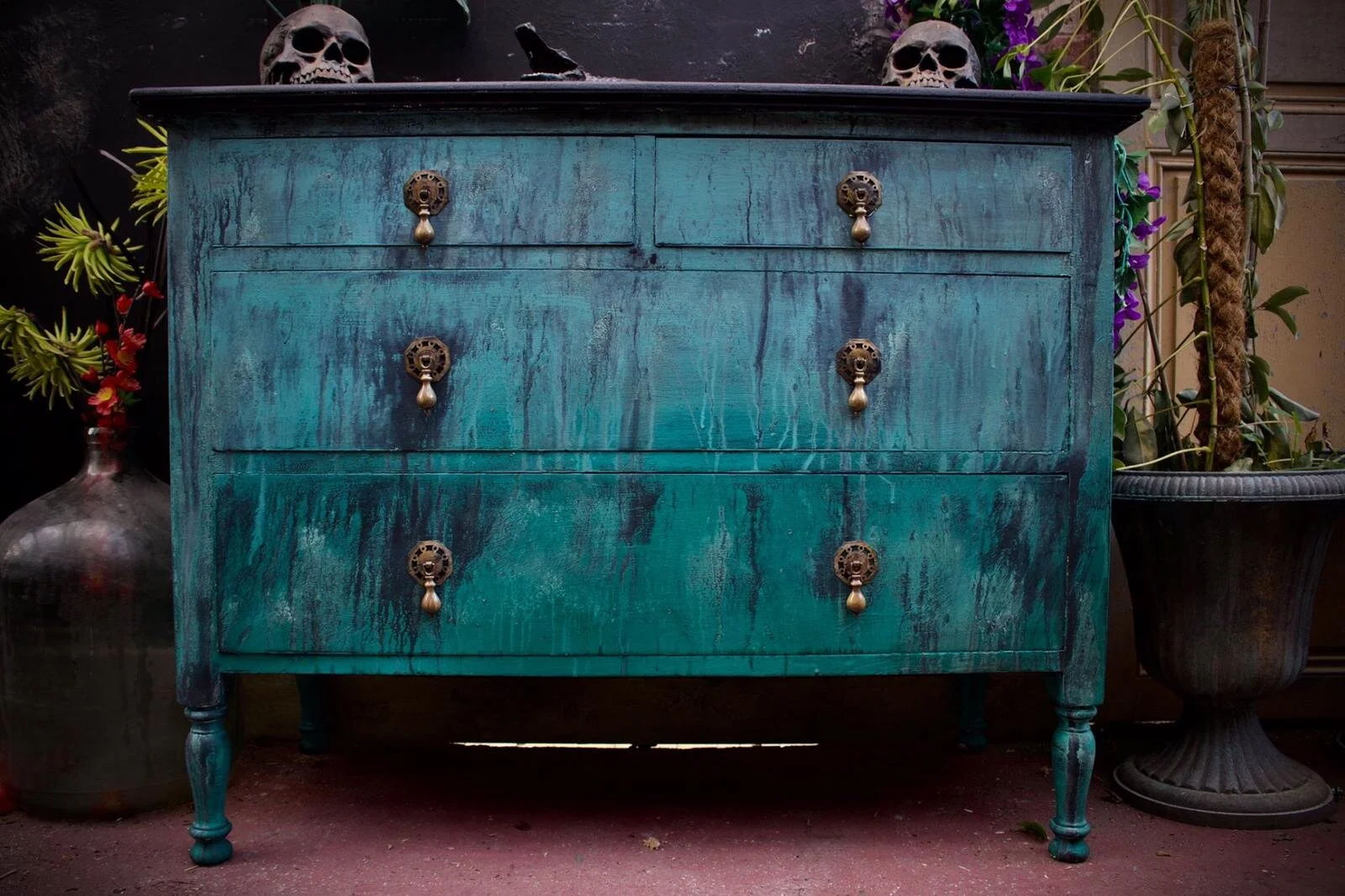 CHEST OF 4 DRAWERS PAINTED OMBRE BLUES GREENS SOLID EDWARDIAN WOOD