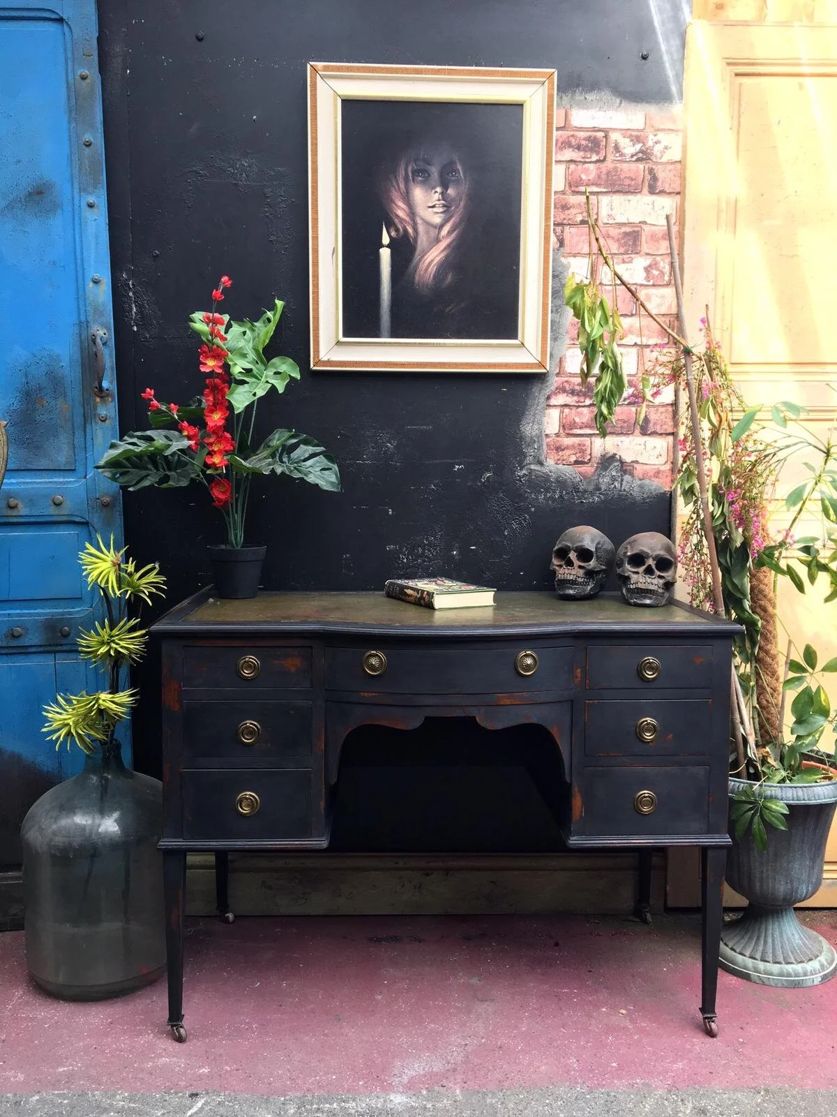 *SOLD* BLACK DESK INDUSTRIAL PAINTED GREEN LEATHER TOP hi 106 w d 57 h 76 cms