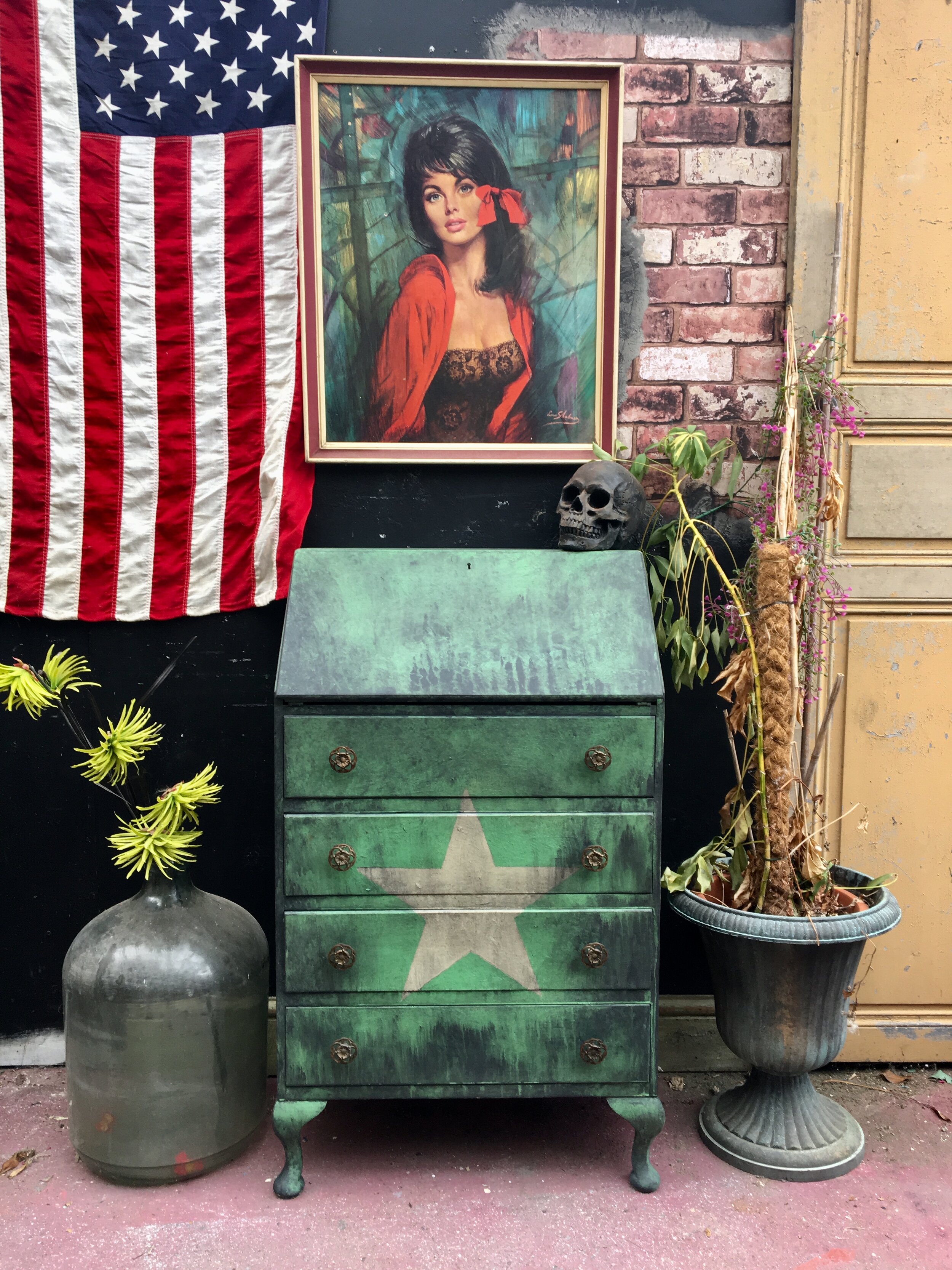 *SOLD*BUREAU BOOKCASE SMALL PAINTED SOLID WOOD STAR FRONT 1940S WOOD