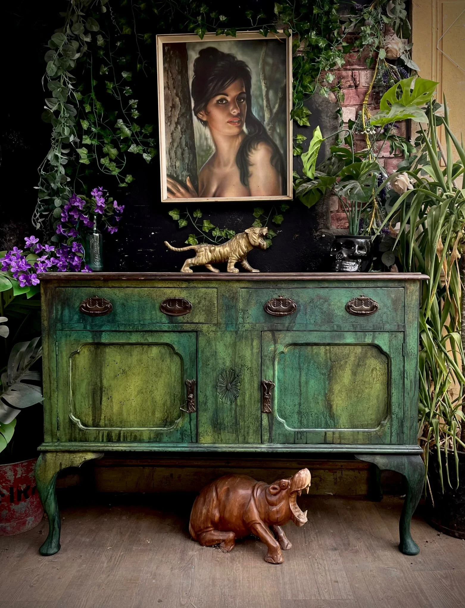 SIDEBOARD RUSTIC GREENS SOLID MAHOGANY PAINTED 2 DRAWER EDWARDIAN