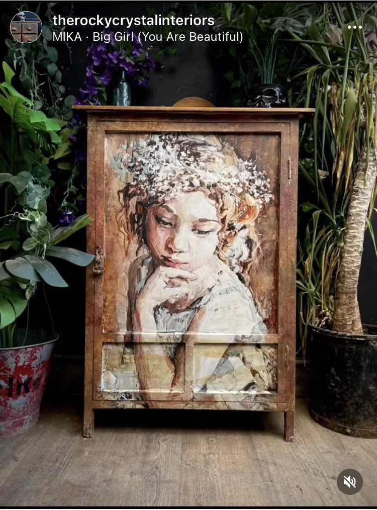GLASS ART NOUVEAU LADY CABINET DECOUPAGED SOLID WOOD EDWARDIAN
