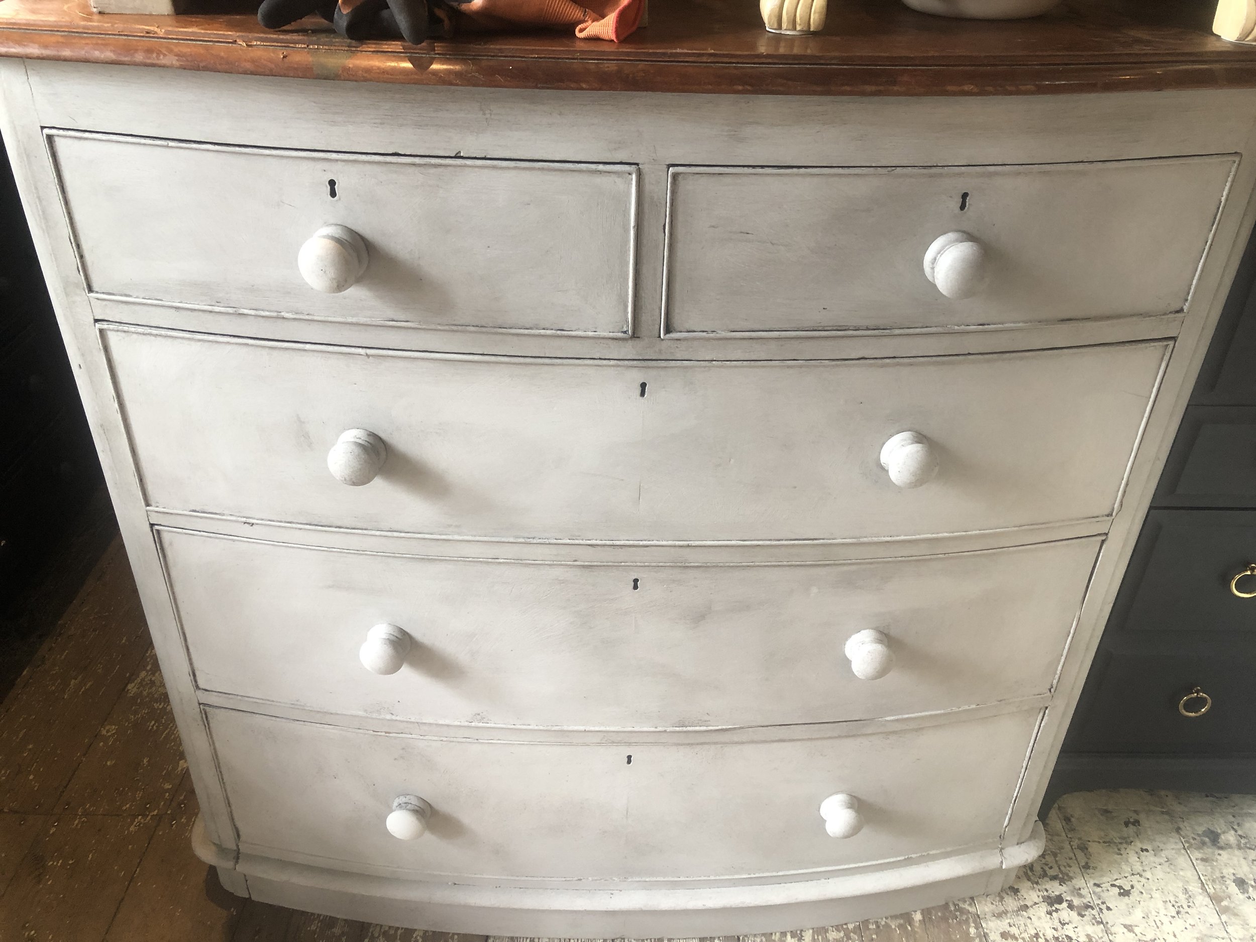 BOW FRONTED MAHOGANY EDWARDIAN CHEST OF DRAWERS PAINTED IN FRENCH LINEN