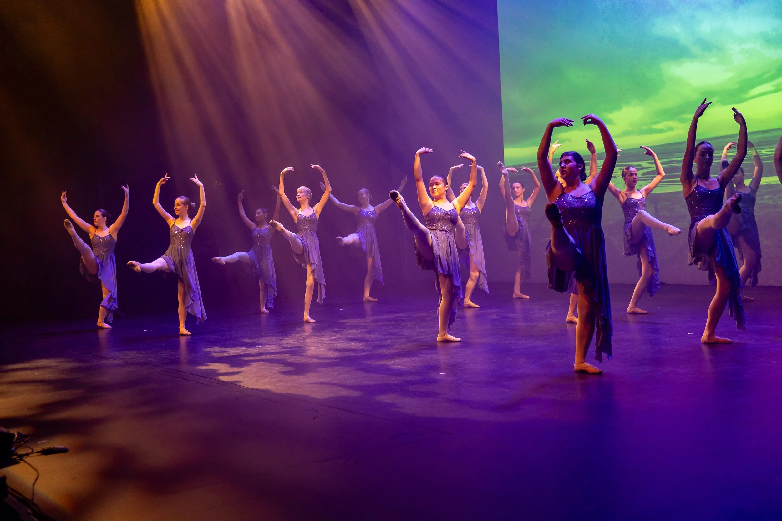 A group of female dancers performing on stage in purple costumes with a background projection of a scenic landscape with a green sky.