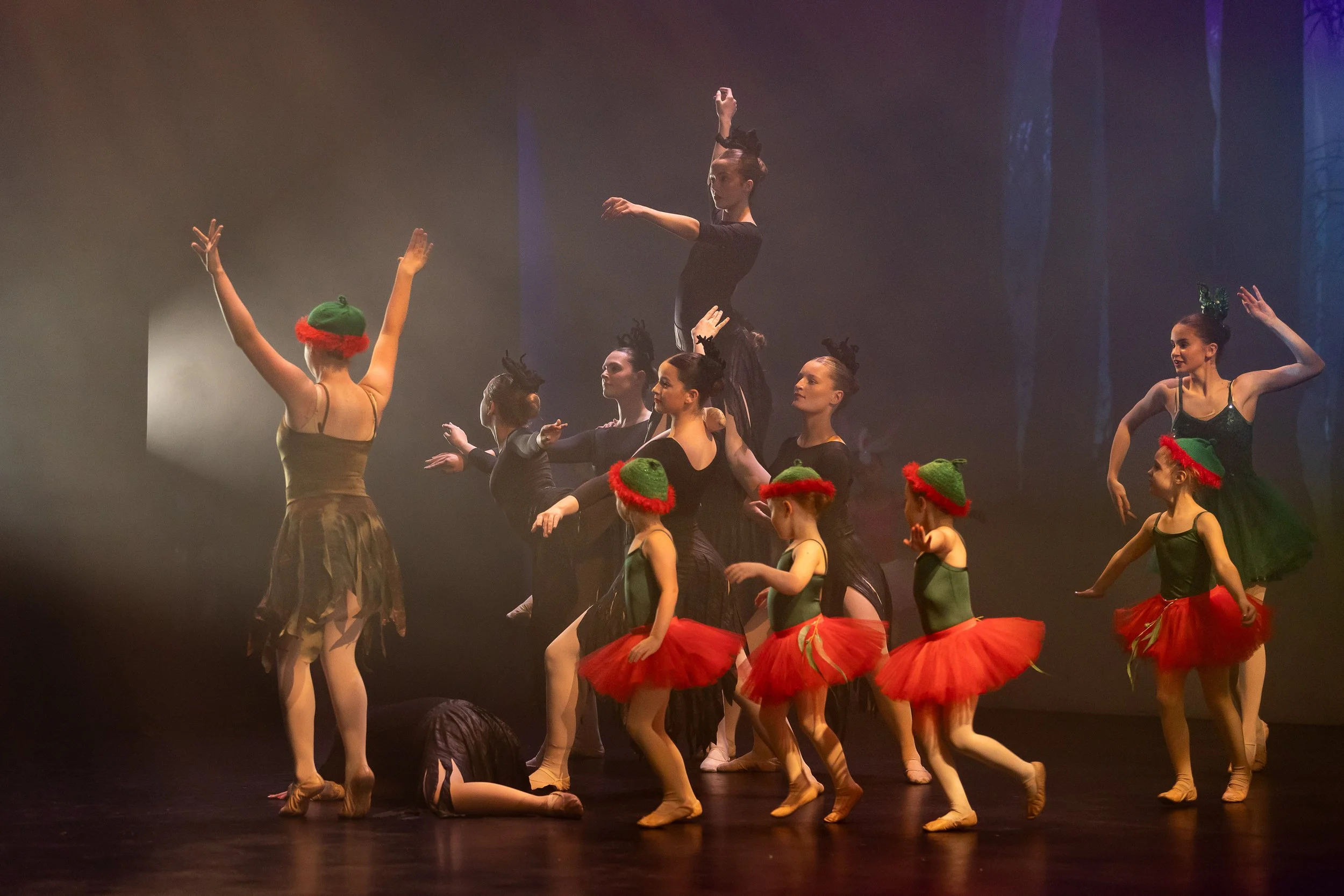 Ballet dancers on stage performing in a forest scene, some dressed as elves with green hats and red skirts, others in black costumes, with a scenic forest background.