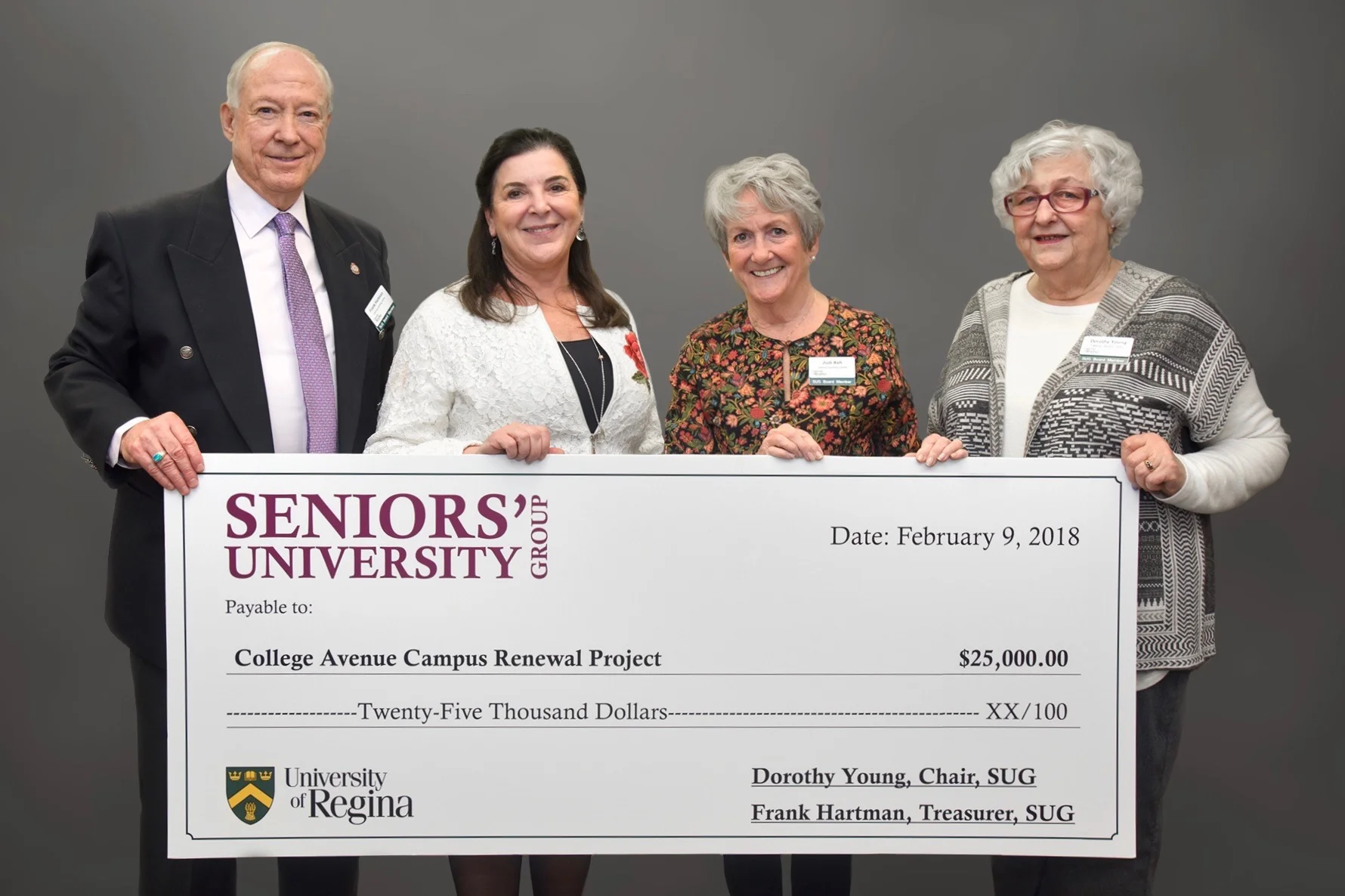 Dr. Timmins with S.U.G. Board Members. L to R: Frank Hartman, Treasurer; Dr. Timmins, Judi Ash, Chair, Promotion, Publicity and Fundraising Committee; and Dorothy Young, President.