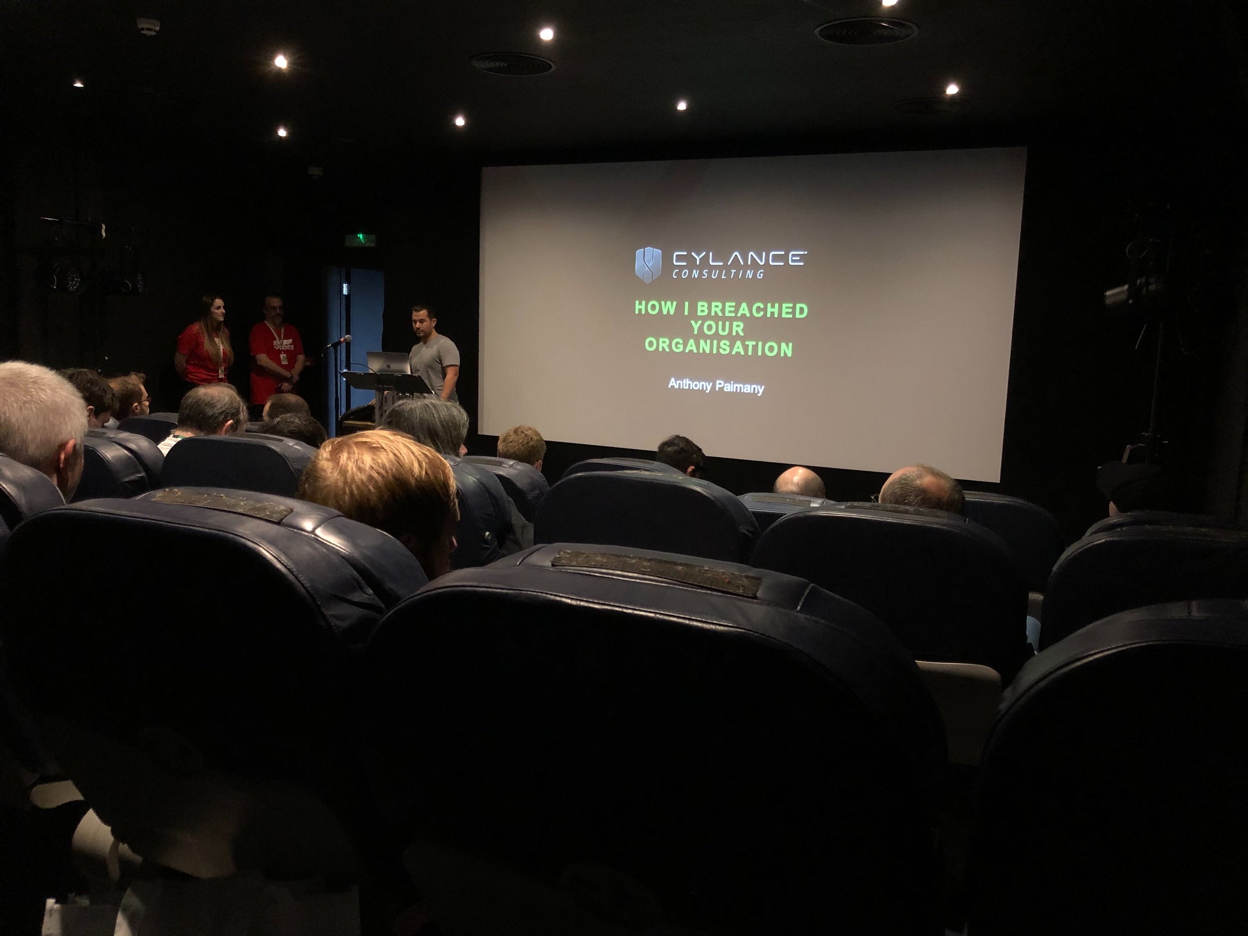 ‘How I breached your organisation’ by Anthony Paimany from Blackberry Cylance, and the aeroplane seating in the Tramshed Cinema