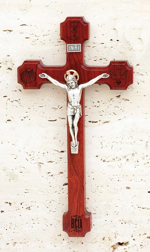 Red Wood Crucifix with Sacramental symbols for RCIA
