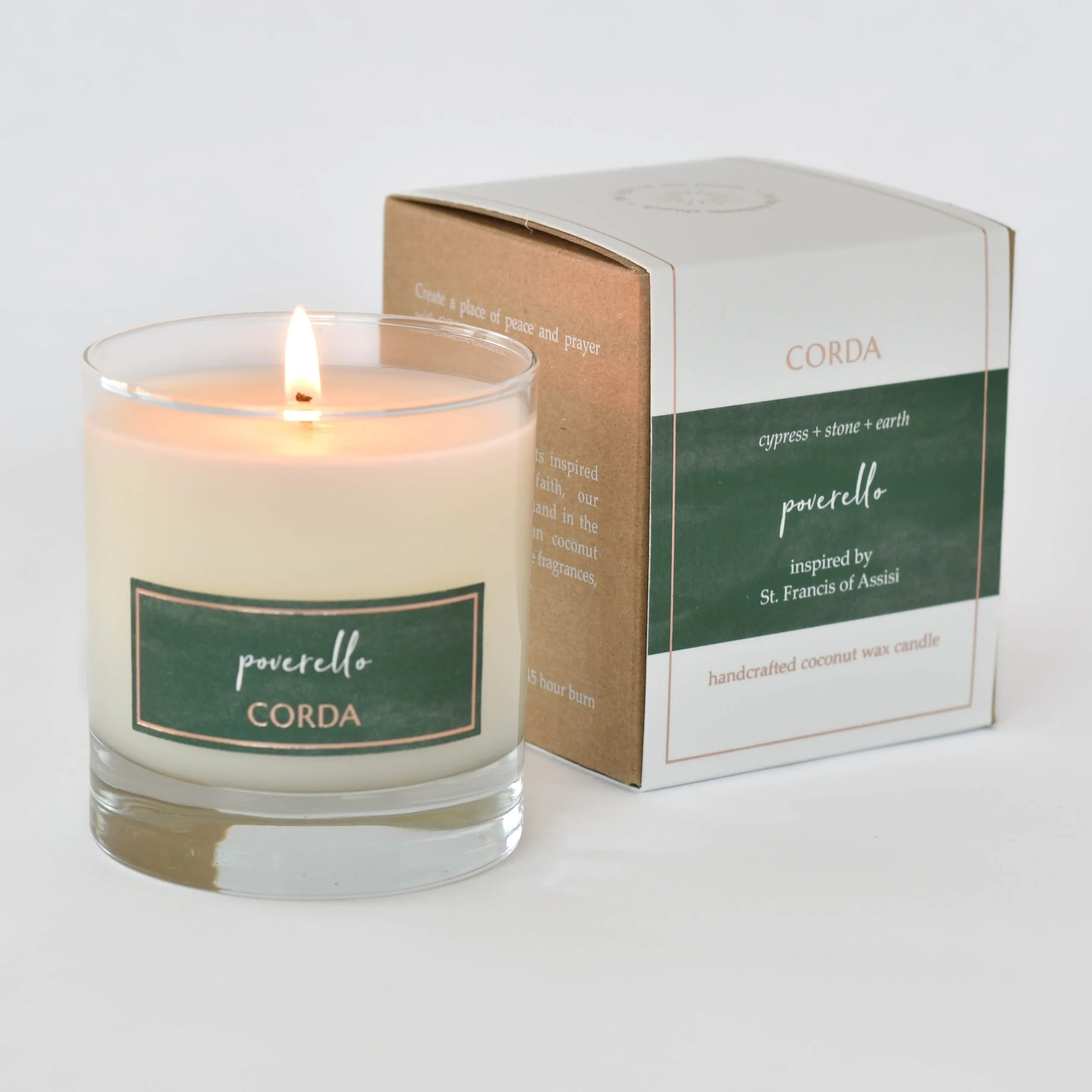 Poverello 1 (lit, front of box) Francis CORDA candle.jpg