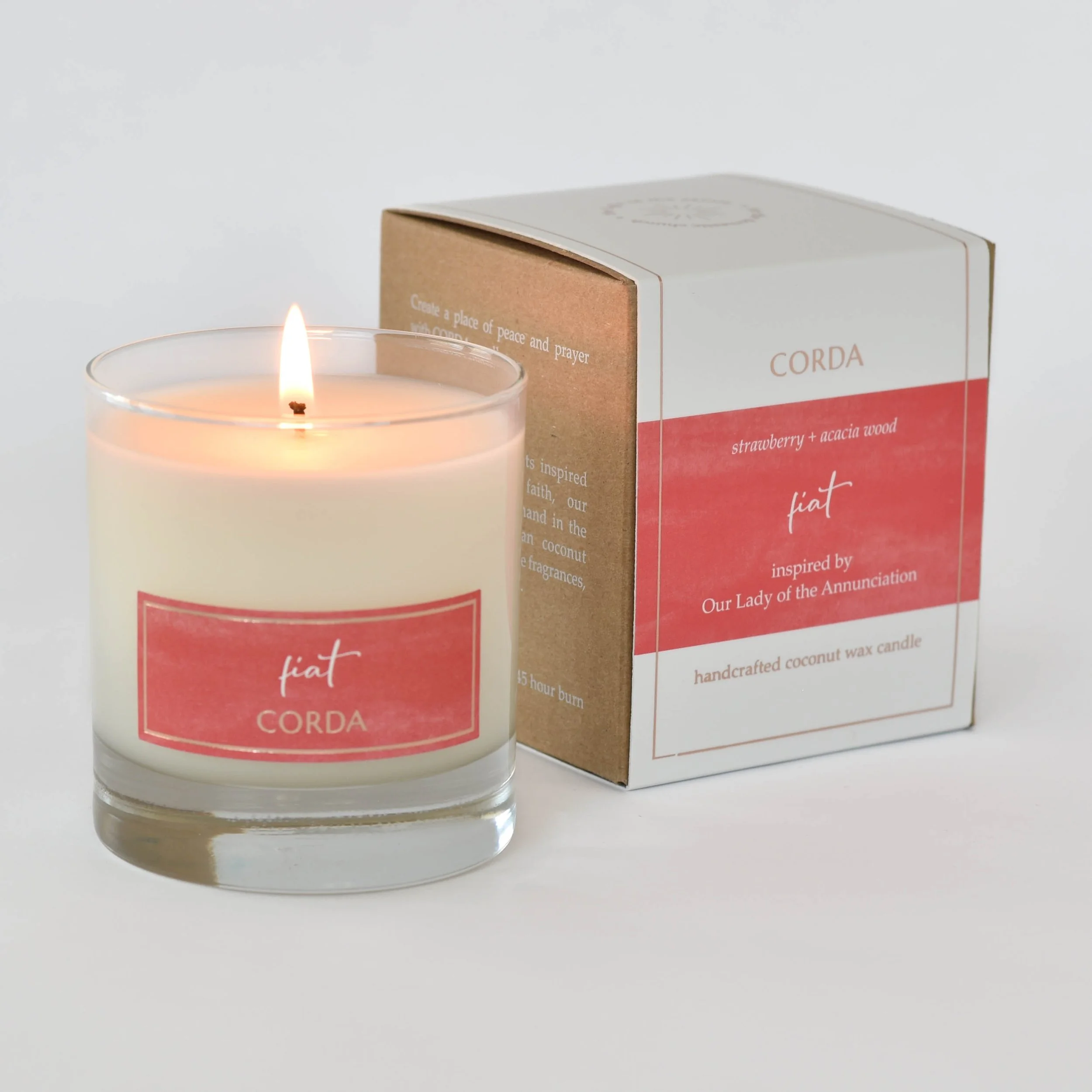 Fiat 1 (lit, front of box) Our Lady of the Annunciation CORDA candle.jpg