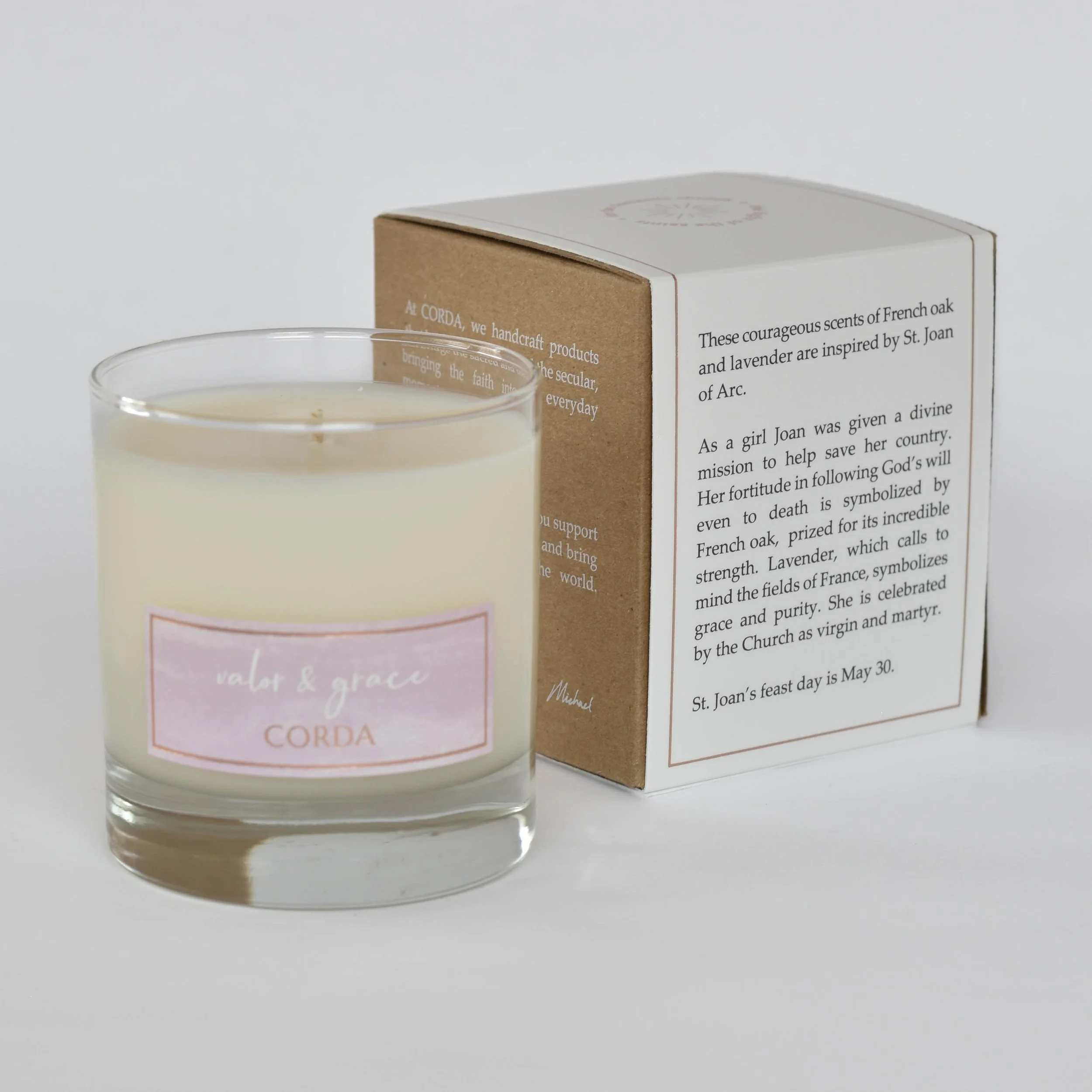 Valor and Grace 2 (unlit, back of box) Joan of Arc CORDA candle.jpg