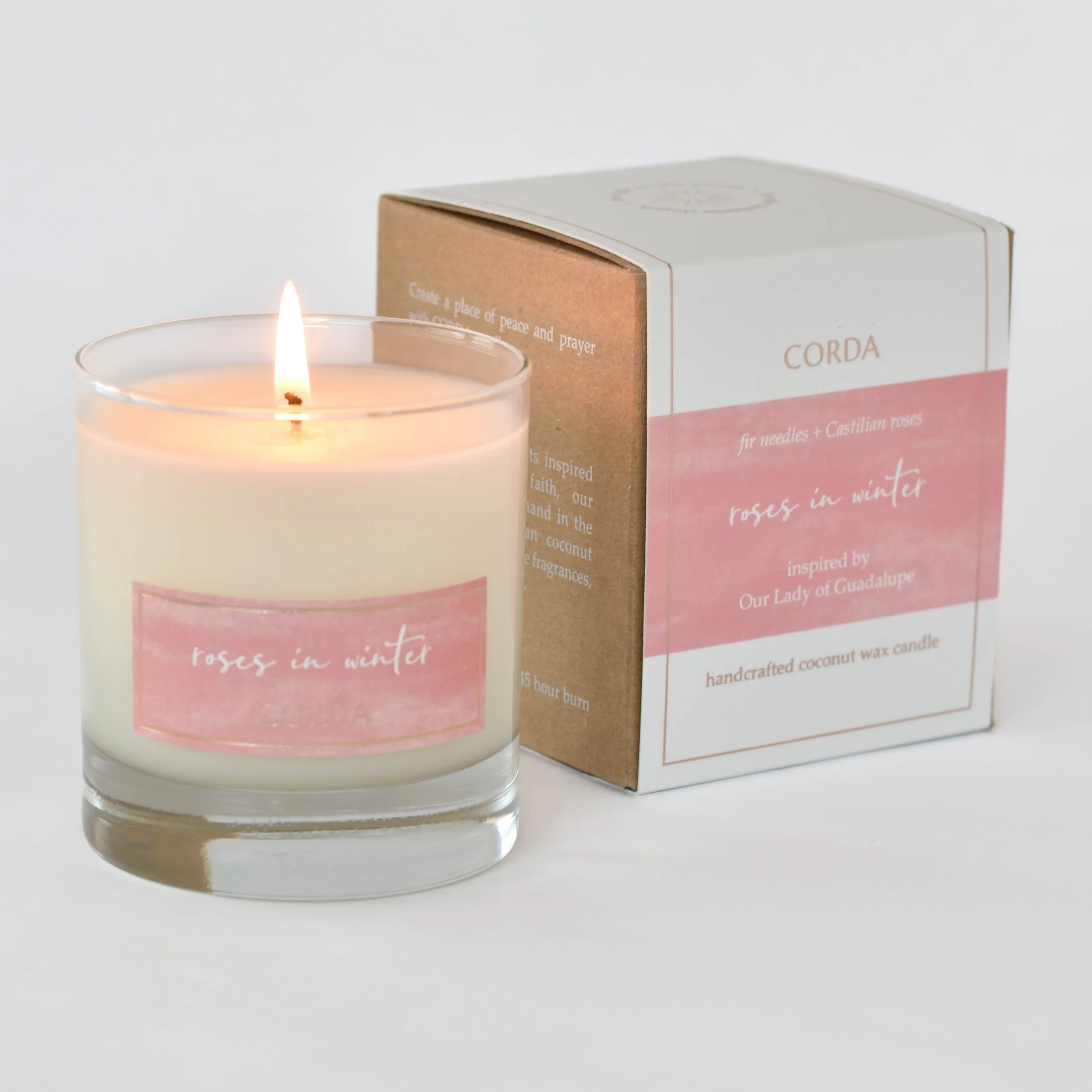 ROSES IN WINTER/Our Lady of Guadalupe/Fir Needles + Castilian Roses CORDA Candle