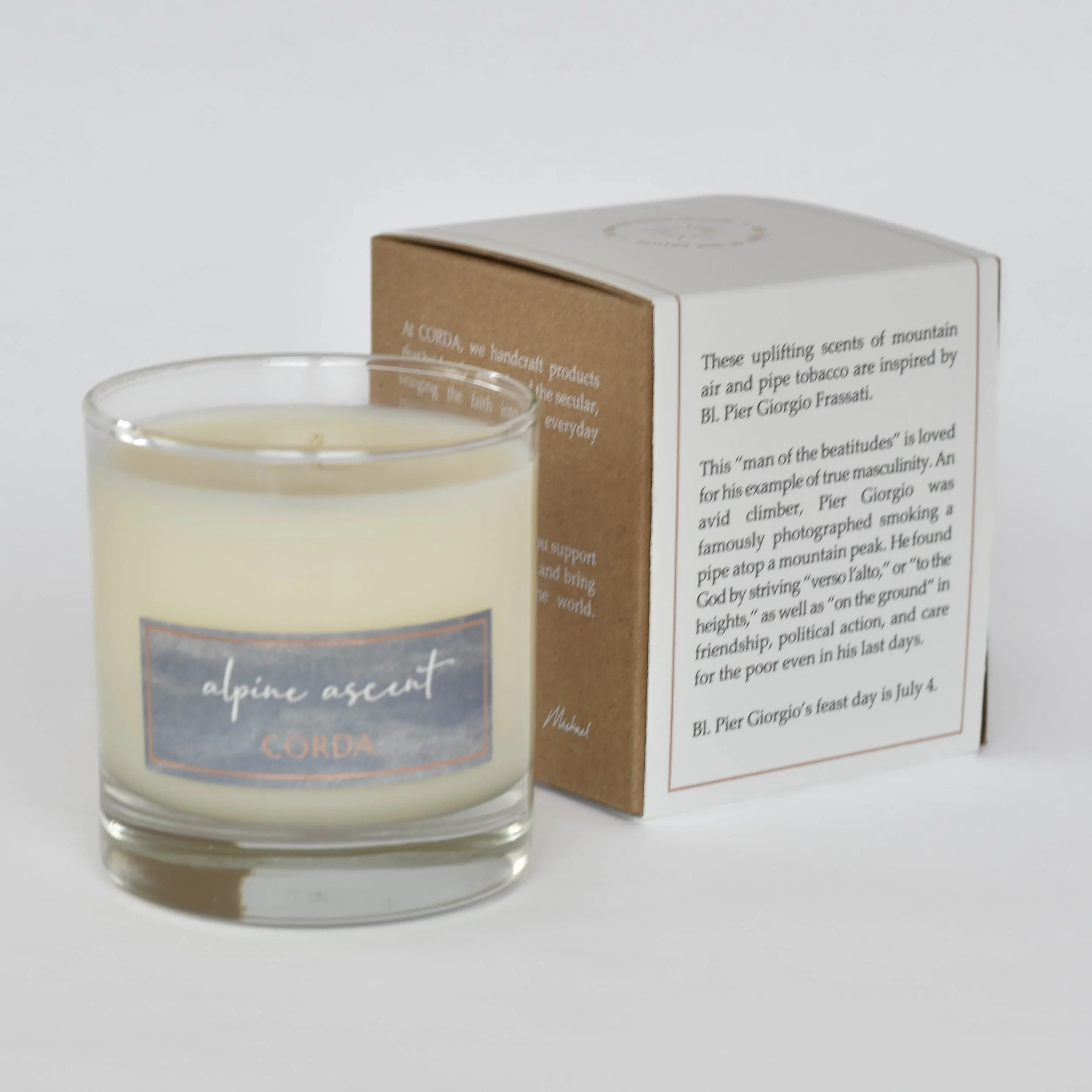 Alpine Ascent 2 (unlit, back of box) Pier Giorgio Frassati CORDA candle.jpg