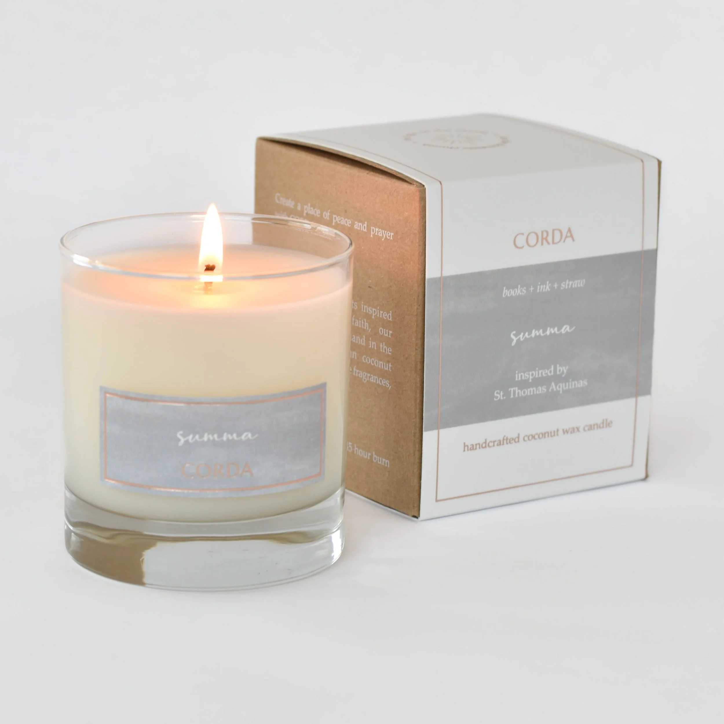 Summa 1 (lit, front of box) Thomas Aquinas CORDA candle.jpg