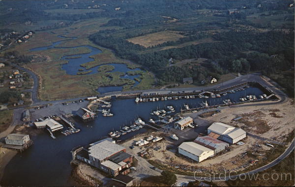 Postcard of Barnstable Harbor from early 1970s. Note some of the docks are not complete yet.