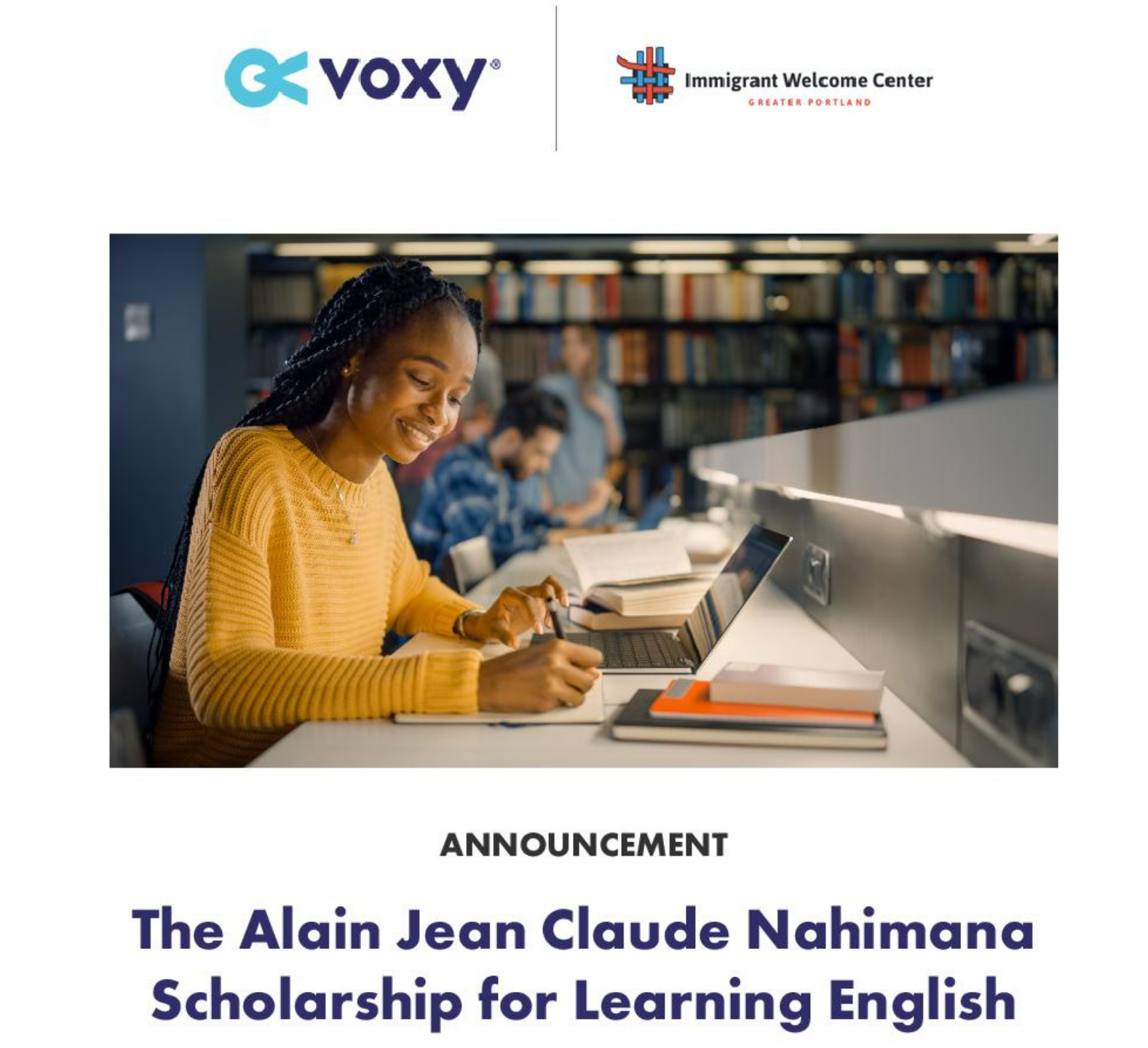 Greater Portland Immigrant Welcome Center and Voxy announce the  Alain Jean Claude Nahimana Scholarship for Learning English