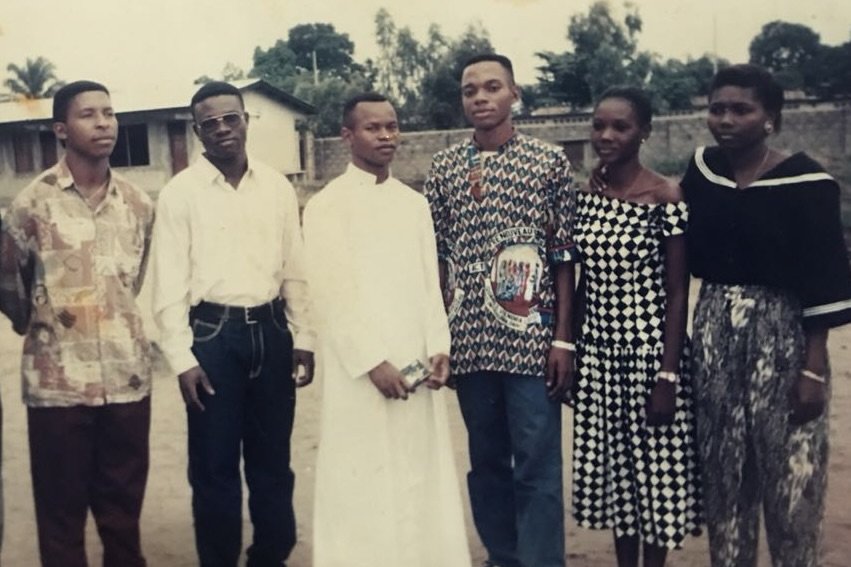 Jean Ilunga (center, in white) training to become a Catholic priest at the parish of Notre Dame d'Afrique de Lemba Kinshasa-DRC, 1996