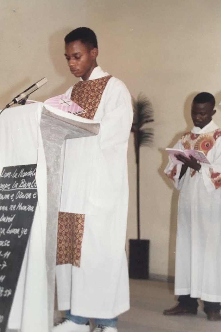 Jean Ilunga in the Roman Catholic parish Notre Dame d'Afrique in Kinshasa-DRC during the reading of the Passion of Christ on Palm Sunday,&nbsp;2018