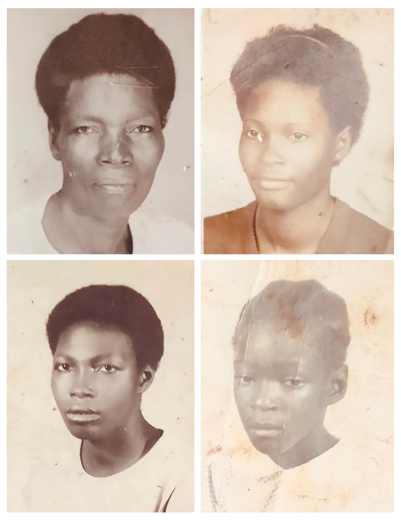    Top/Left:  Fernanda Caliki’s grandmother, Celestina Sassa, Huambo, Angola, 1967  Top/Right:  Her aunt, Maria Goreth, Luanda, Angola, 1985   Bottom/Left:  Her uncle, Helena Francisco, Luanda, Angola, 1980  Bottom/Right:  Her cousin Sandra, Luanda A