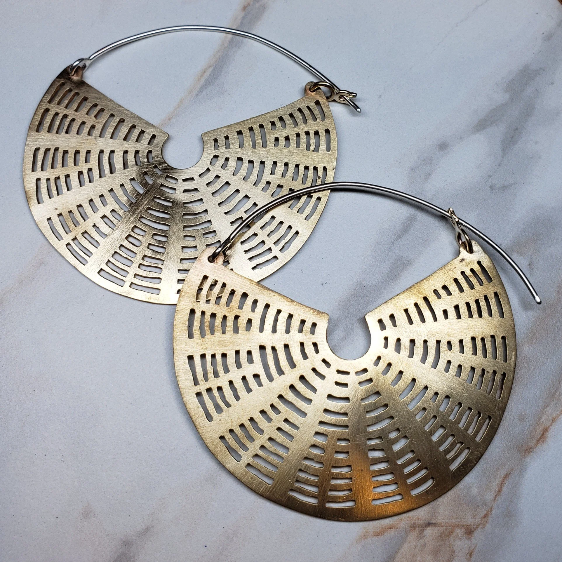 Hand-Pierced Brass Statement Earrings | Sterling Silver Ear Wires | Architectural, Geometric Artisan Jewelry