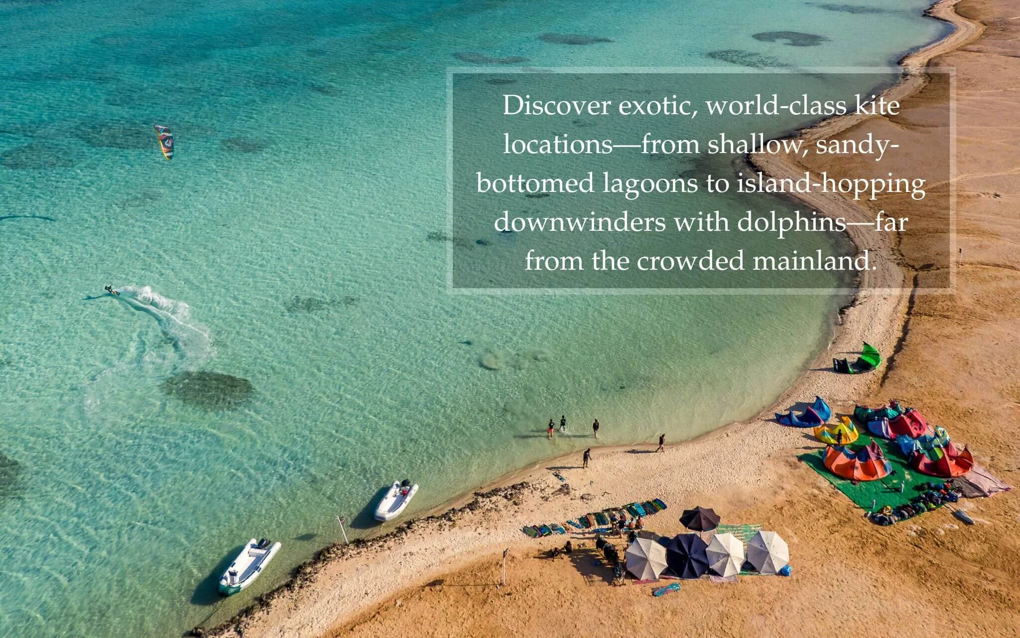 Kitesurfing at an exclusive uninhabited island in Egypt with premium Duotone gear and expert beach support.