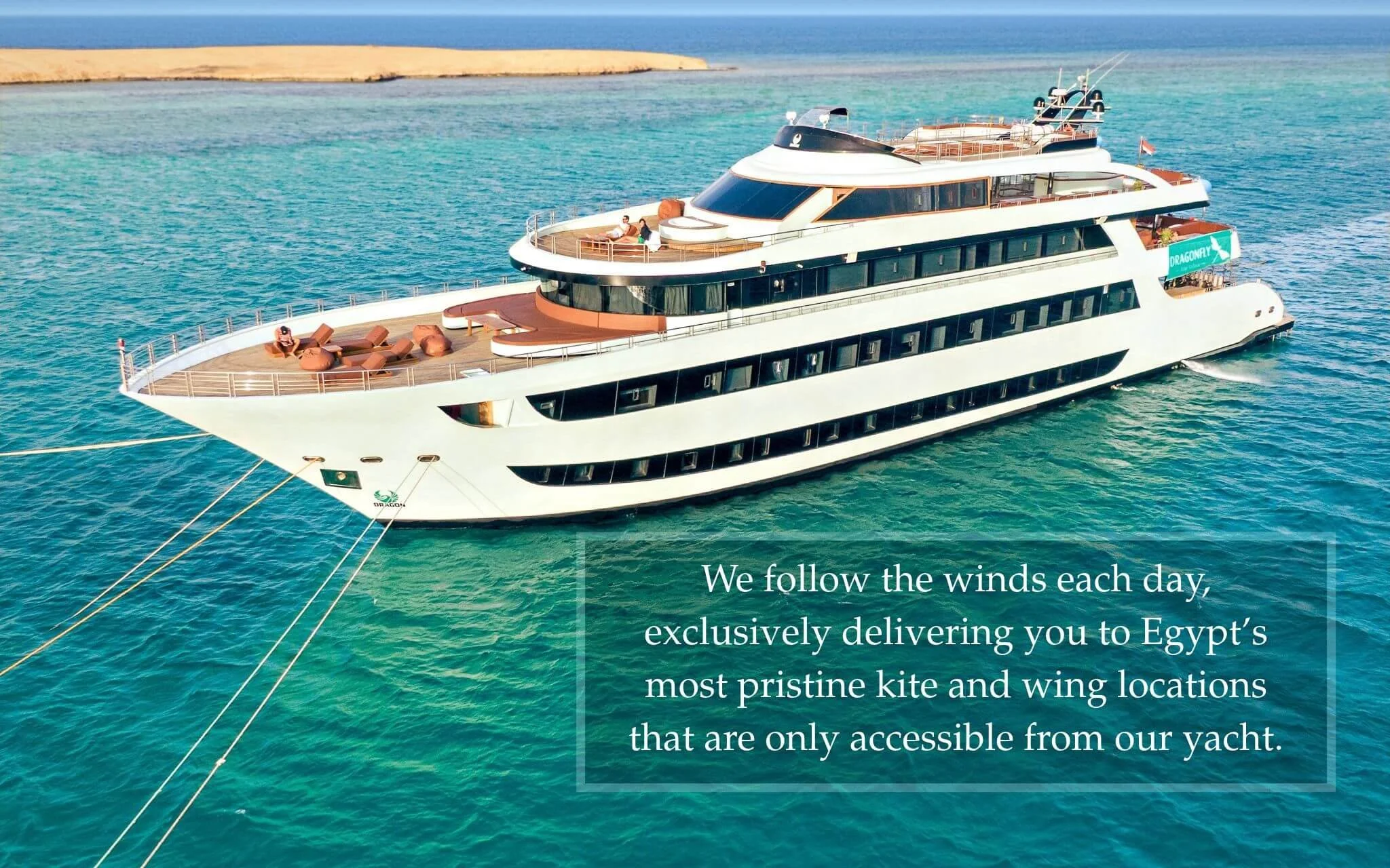  Our yacht for the 2027 kite safari season: DRAGON, a 60-meter mega-yacht on Egypt’s Red Sea. 