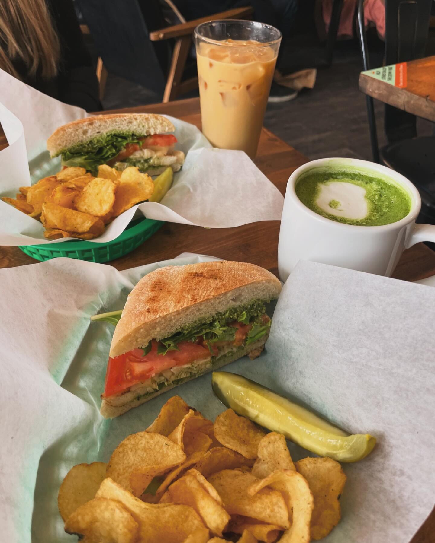 Featuring The Jefferson, paired with macha and iced coffee. Perfect to share on a lunch date&hellip; or not. #breck #coffee #coffeedate #lunchbreak #panini #shoplocal