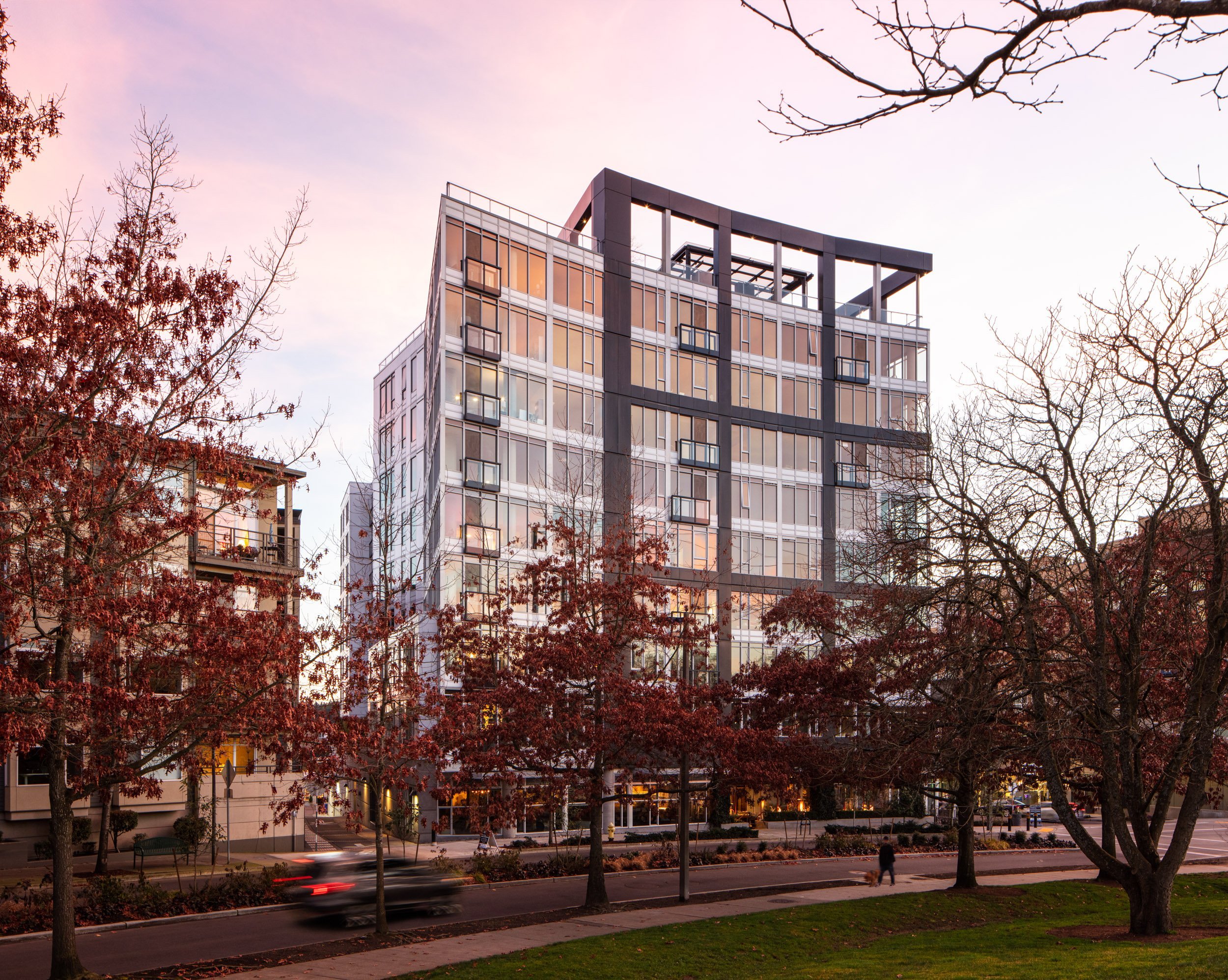 Park 88 residential apartment tower exterior in downtown Bellevue at dusk, Seattle architectural photography by Mike Arty