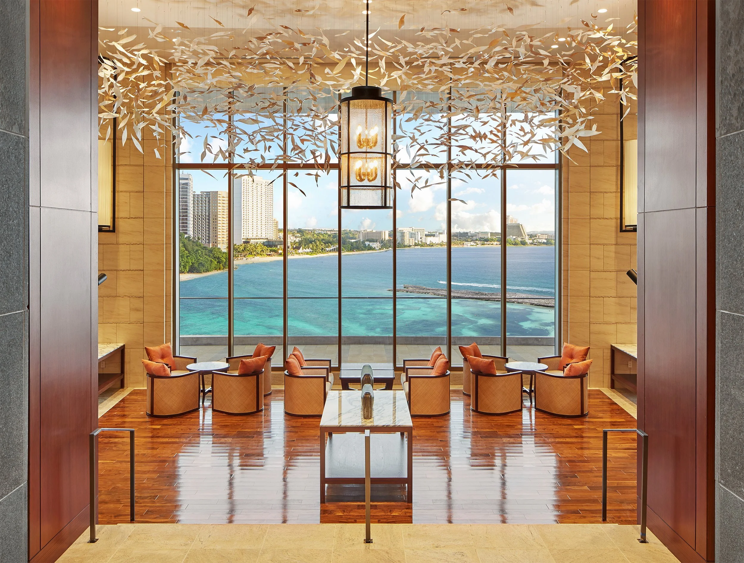 Oceanview hotel lobby lounge interior at Tsubaki Tower in Guam, Seattle hospitality photography by Mike Arty