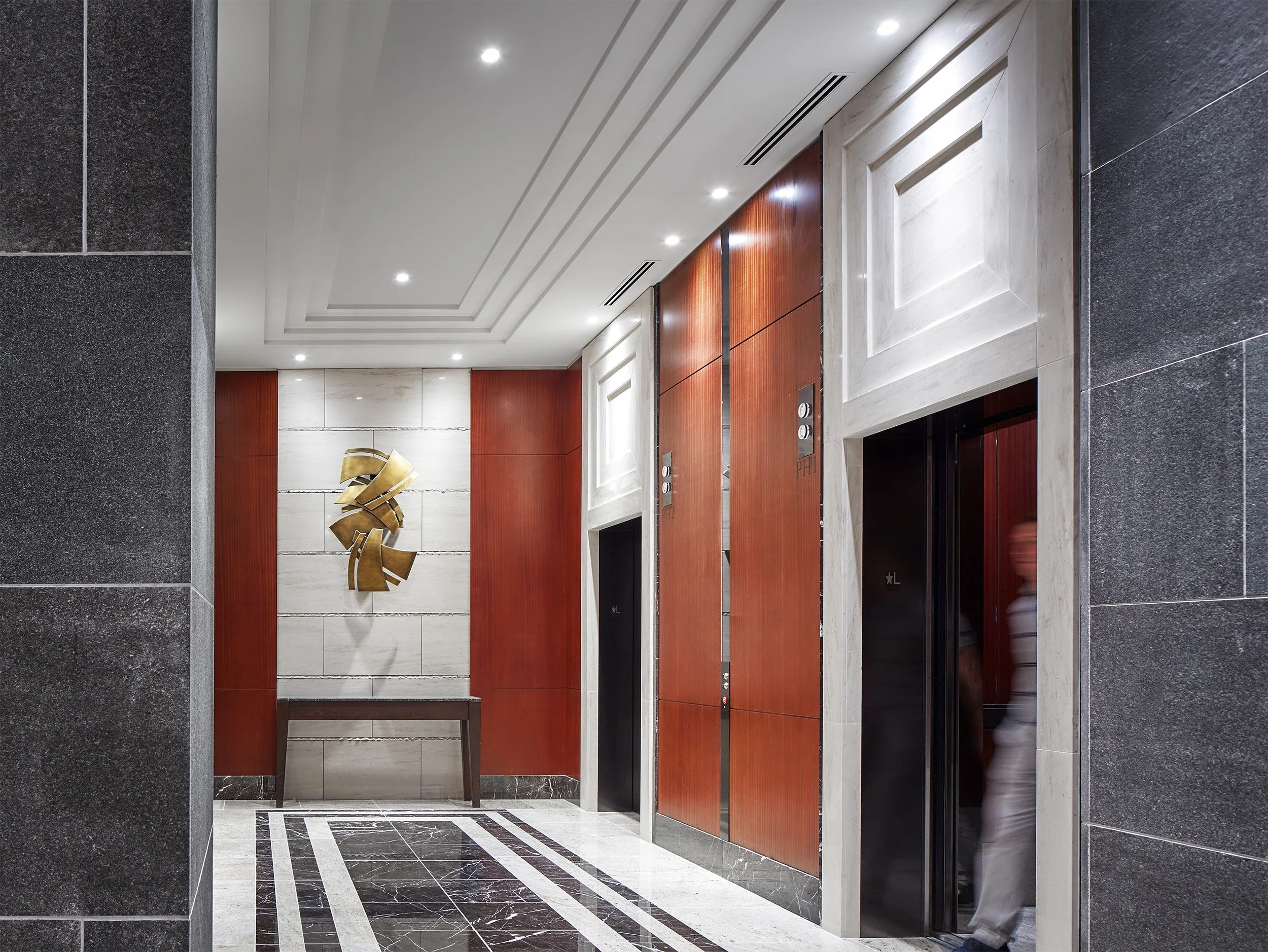 Luxury hotel elevator lobby interior at Tsubaki Tower in Guam, Seattle hospitality photography by Mike Arty