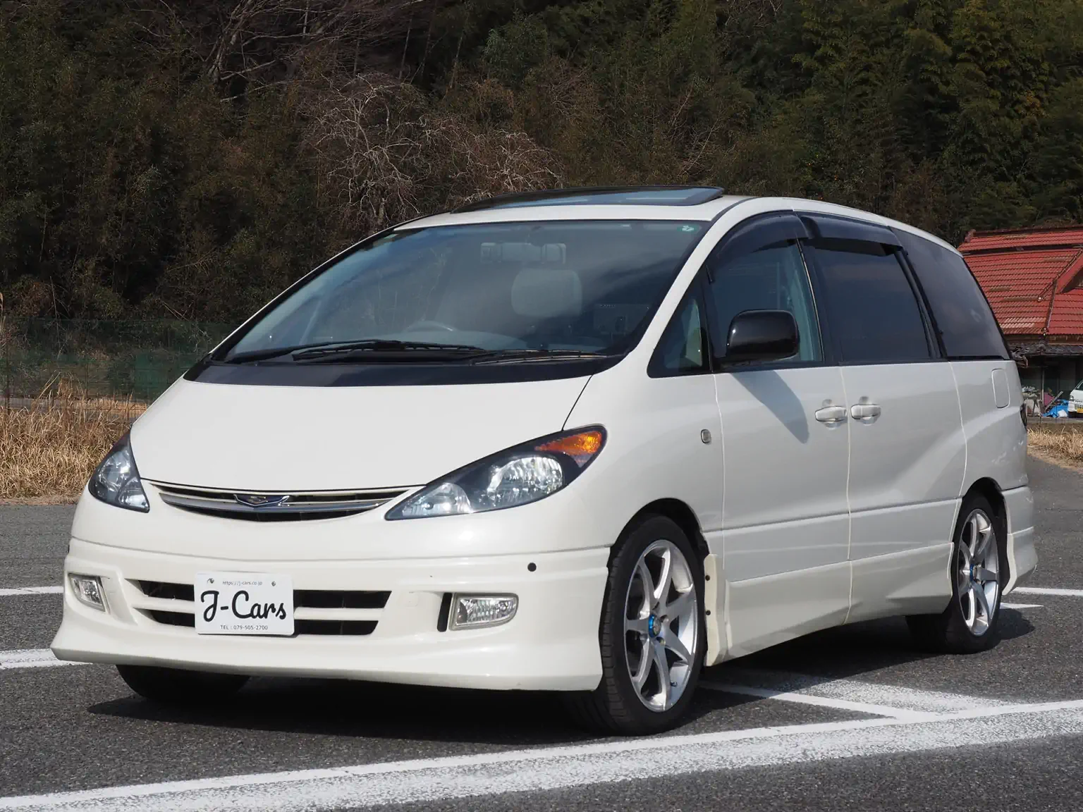 Front passengers side view of a 2001 Toyota Estima Aeras L for export from Japan