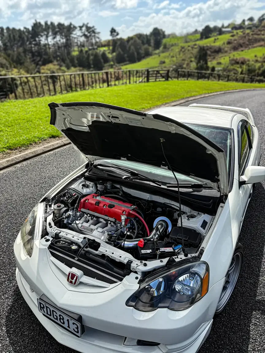 Bonnet open showing K20A redtop engine in 2001 DC5 Honda Integra Type R JDM export vehicle for sale New Zealand