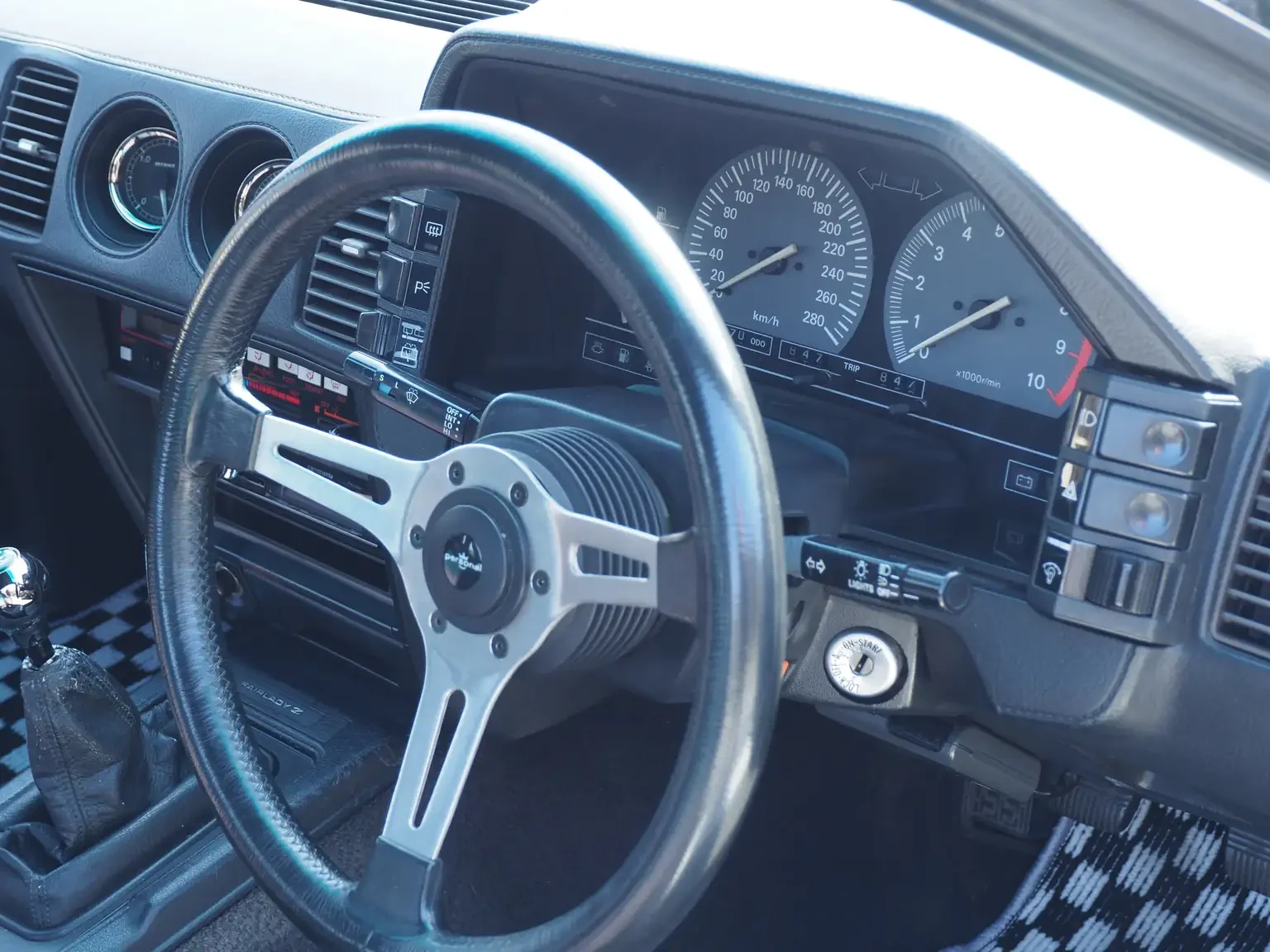Interior view showing nardi personal steering wheel fitted on Nissan fairlady z 200zr ii JDM for export from Japan