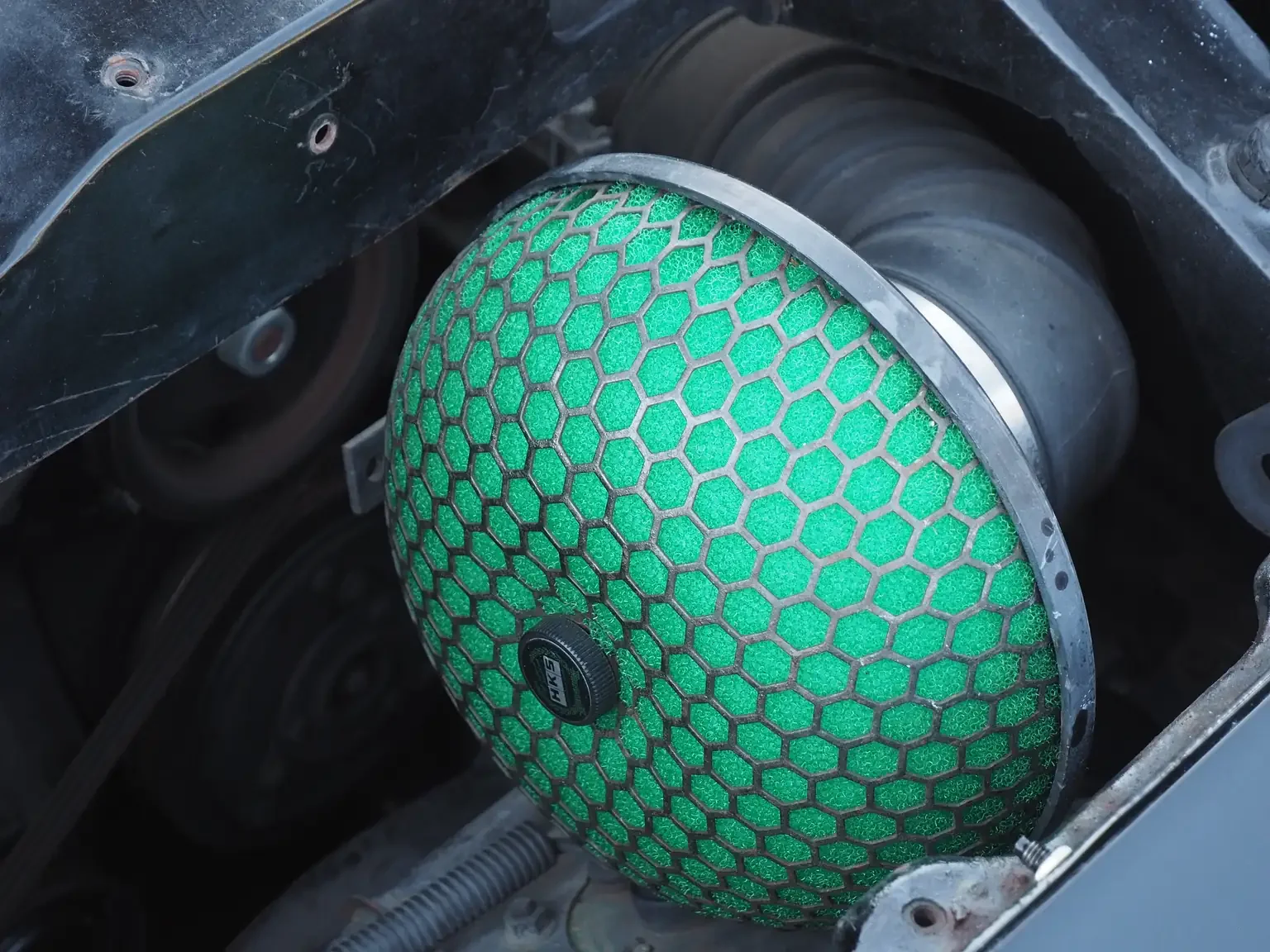 HKS air filter green installed on rb20det engine in Nissan 200zr JDM for export from Japan