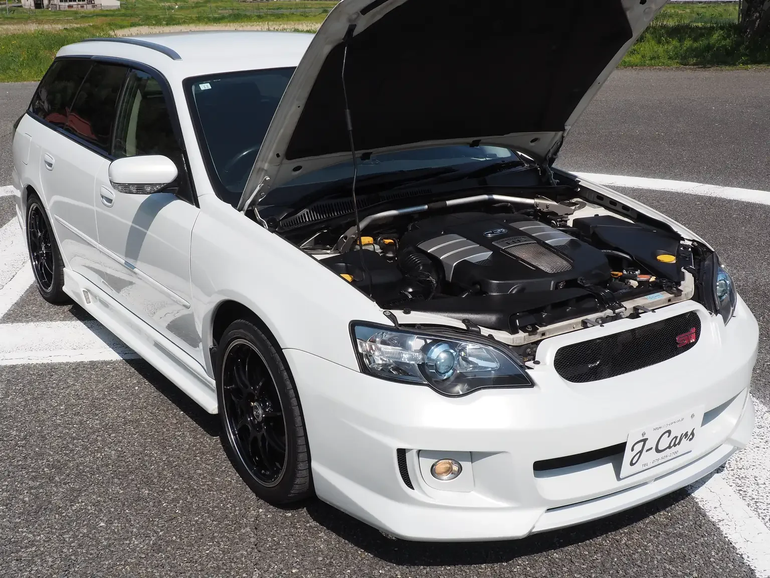 front drivers side angle view with bonnet open showing engine subaru legacy 3.0R B-Spec 6MT jdm export stock japan
