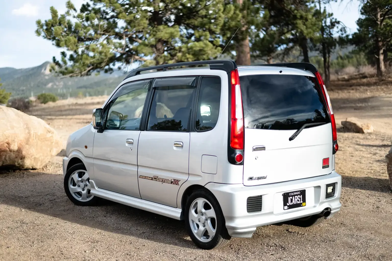 rear passengers angle view silver daihatsu move custom aero down xx turbo usa legal jdm vehicle with title for sale colorado USA