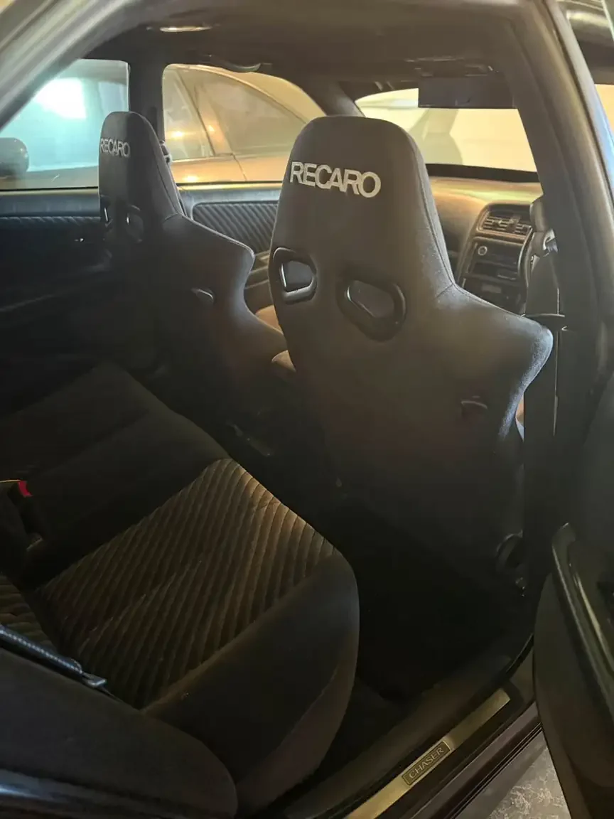 sr6 recaro front seat back rest with logo view black toyota chaser tourer v jzx100 custom steel wide body jdm export vehicle new zealand