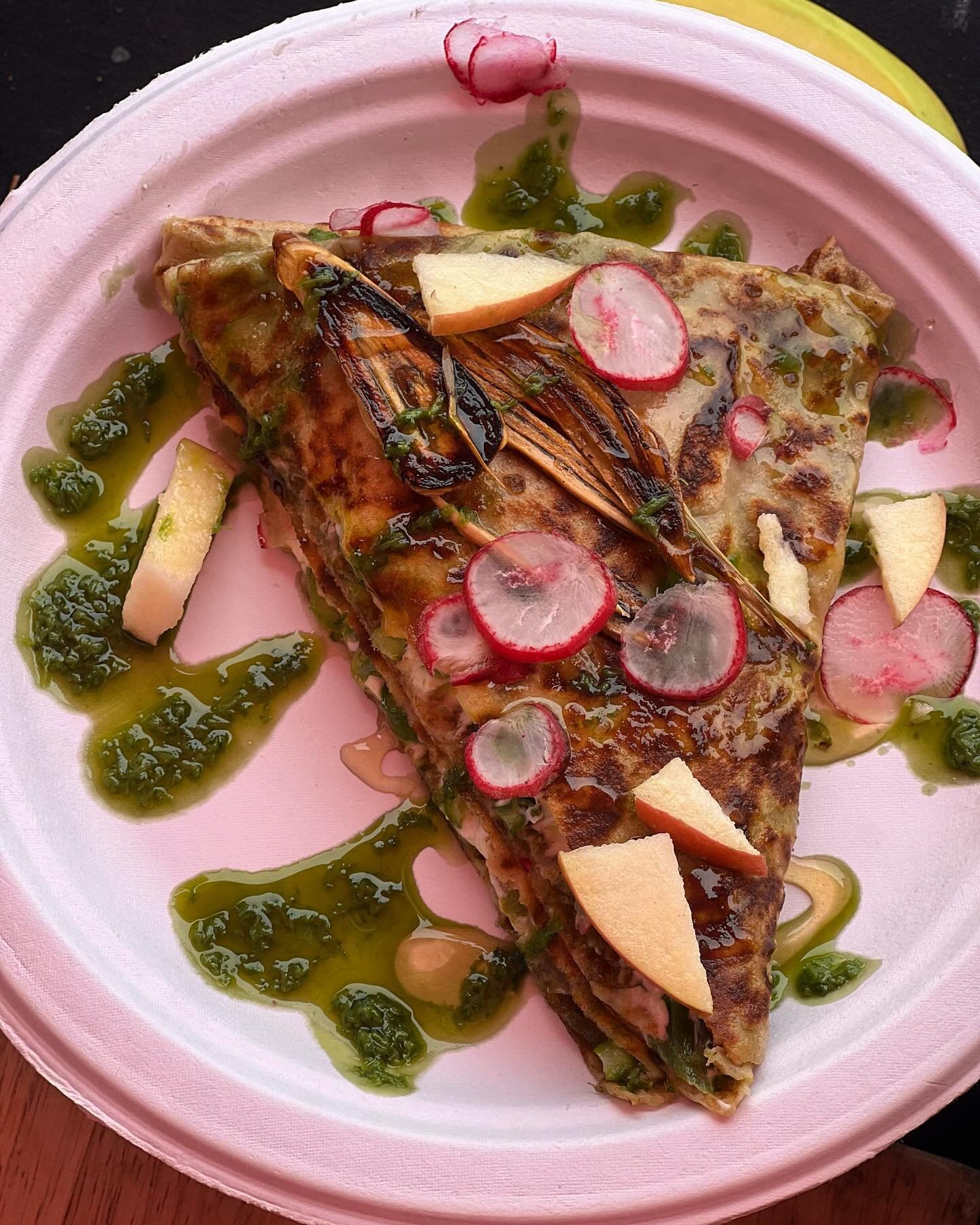 Spring Feast!  This was my first crepe of the season&mdash;so dam delicious&mdash;goat cheese, asparagus, radish, apples, ramp pesto, &amp; honey.  Thanks to Kathia for teaching me the sauces the way it&rsquo;s Gotta B!! @mickklugfarms &amp; @gormanf
