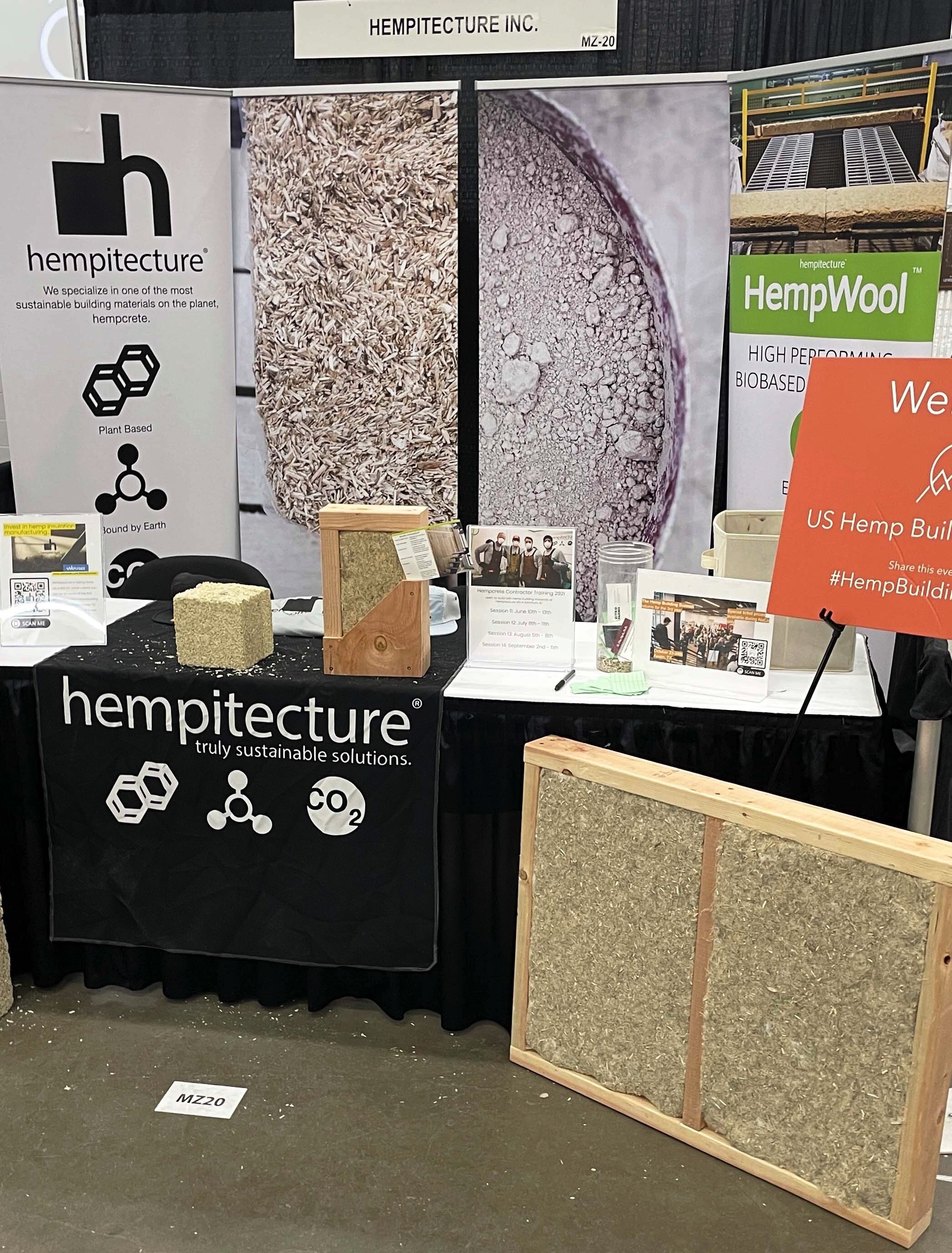 Hempitecture products, such as hempcrete and hemp fiber, on display at the NoCo Hemp Expo. March 2021.