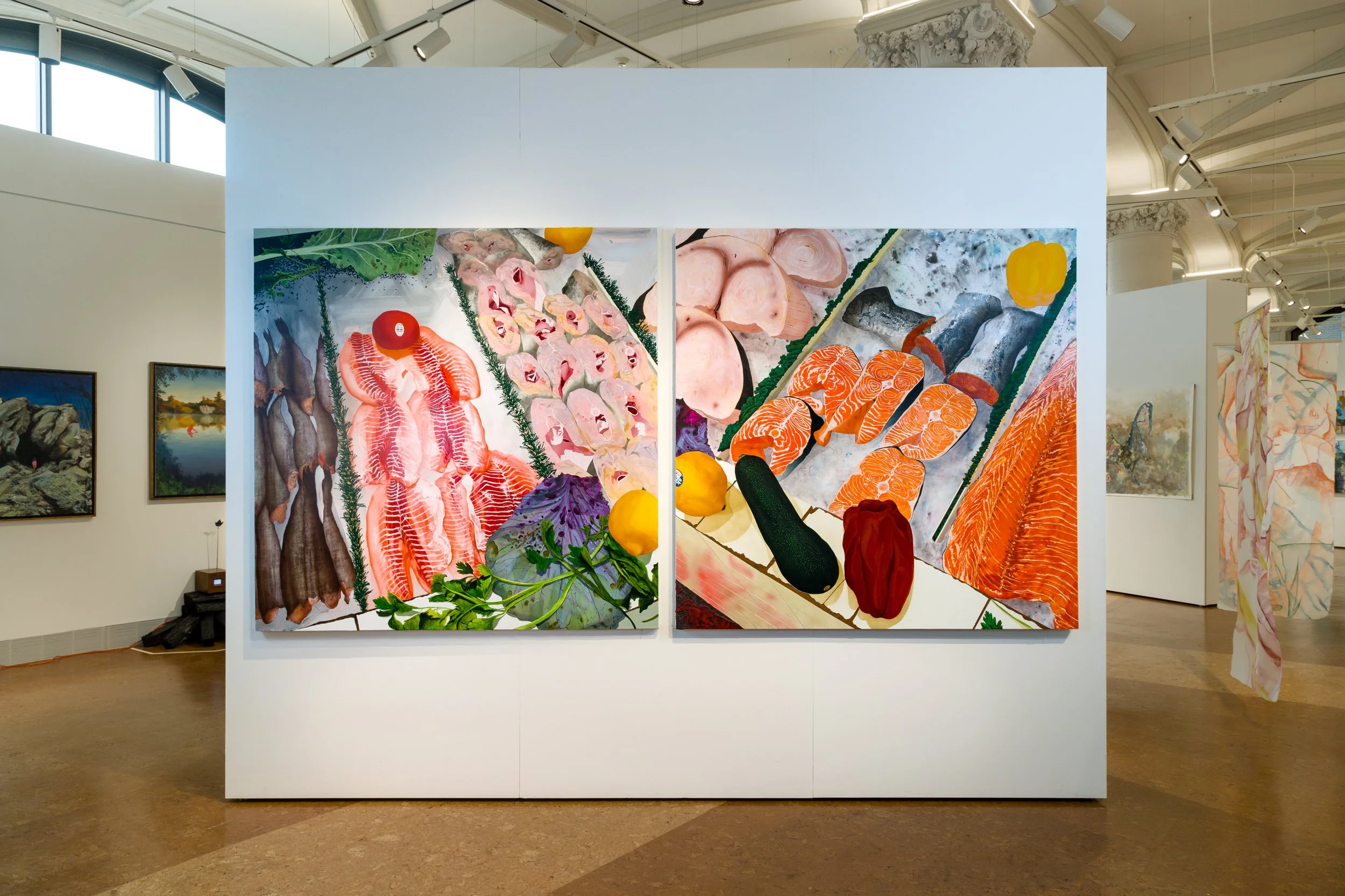 Abbi Kenny's paintings installed in Boston University's MFA 2024 Exhibition, Stone Gallery at Boston University, Boston, MA.