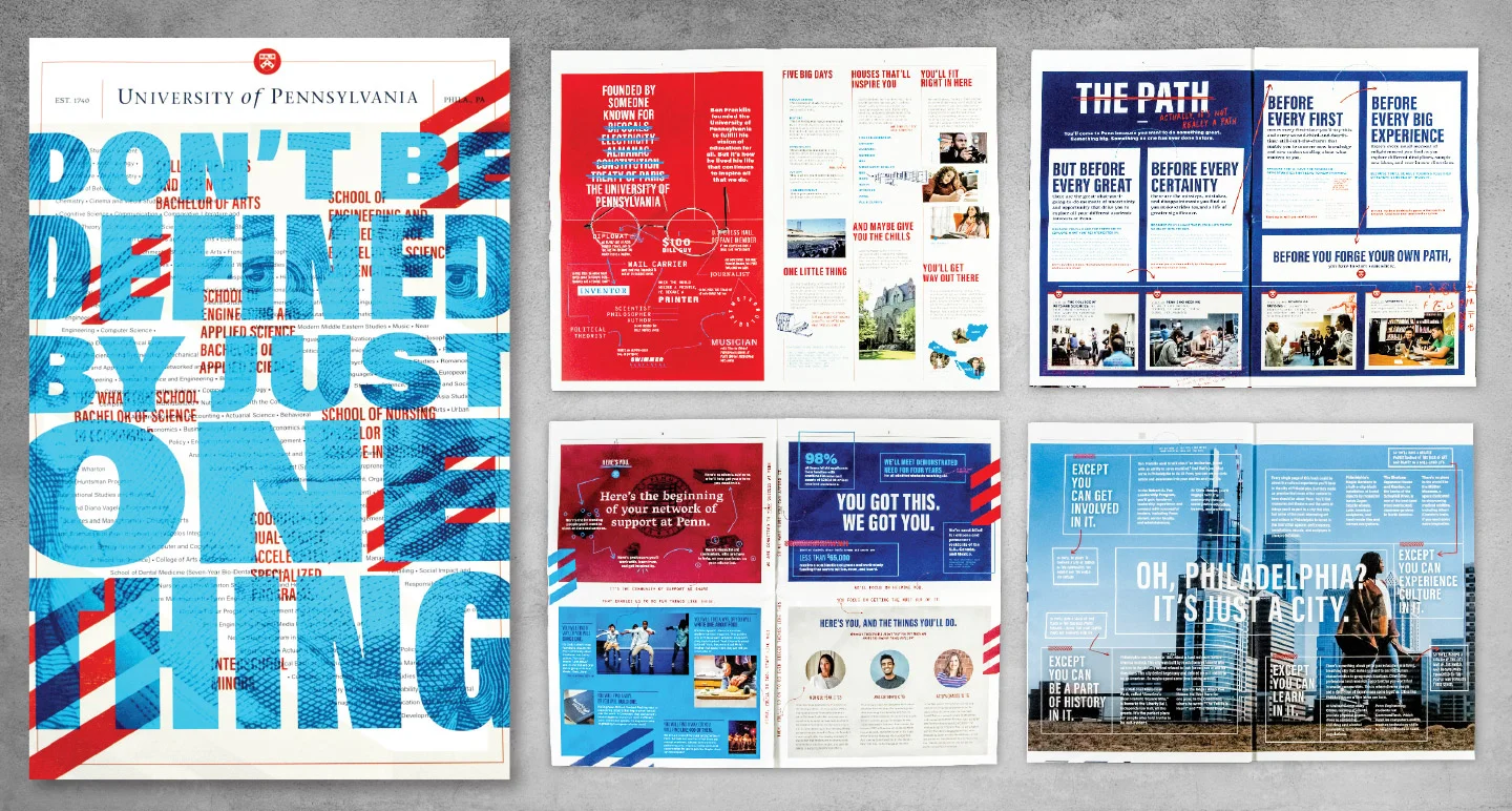 Cover + spreads of Penn Admissions’ tabloid style print ‘travel piece’; distributed to prospective students and families during college recruitment travel. Image is the property of Ologie .
