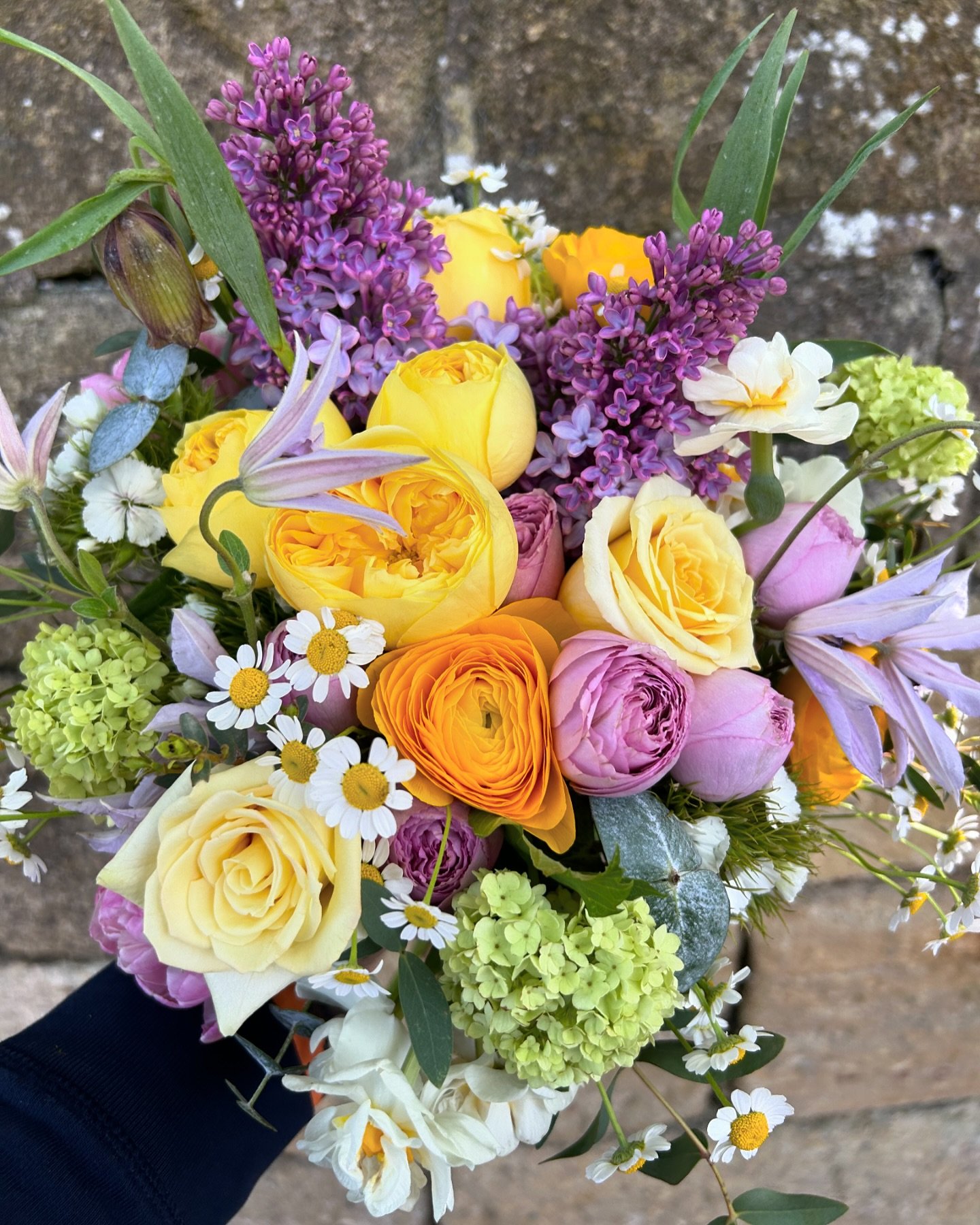 When seasonal colours and blooms collide.. 
The first @vip_roses of the year.. 
Bridal crown from the leafy cutting garden 🪴 
Lilac from @fieldandbloom 
Ranunculus and @qualirosa spray roses from @vianenflowers 
Foliage @theflowerconnection.leeds 
C