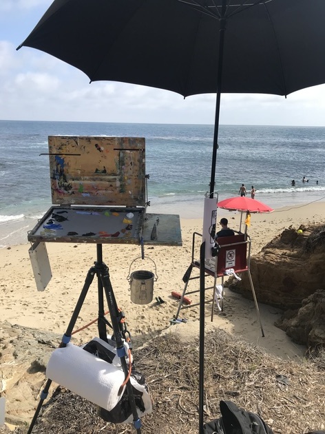 Setting up to paint at Fishermans Cove; Laguna Beach, 2017