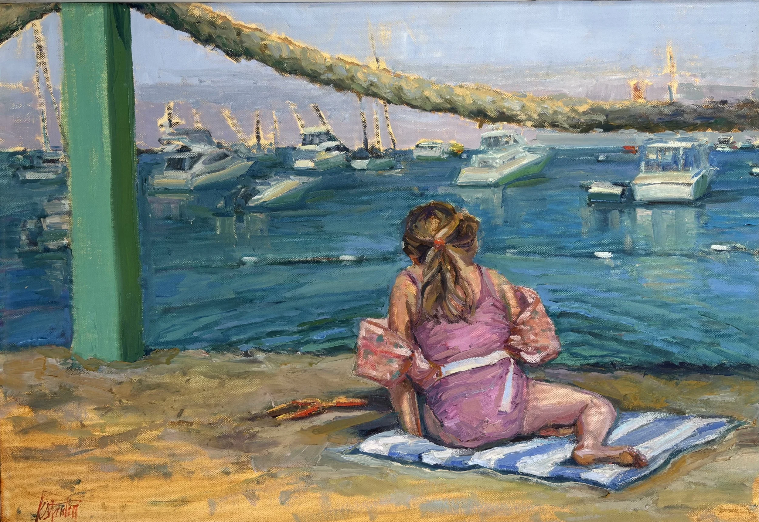 Steps Beach Sand Play: Catalina Island, 30x22 inches, Oil on Canvas, Mounted in Vintage Window Frame, $1,350